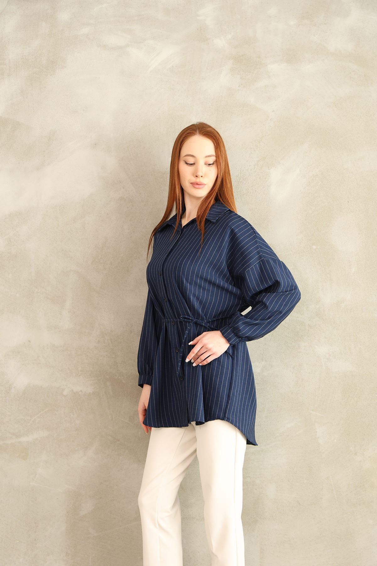 Arka Roba Detay Çizgili Tunik-Lacivert