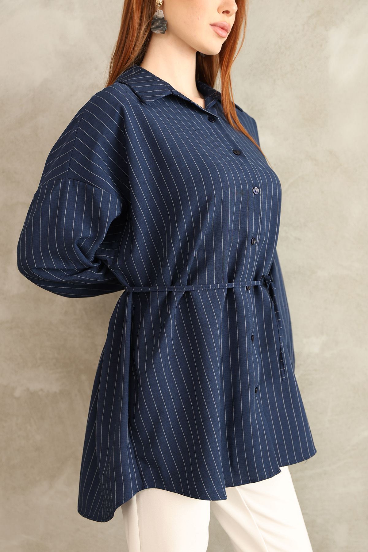 Arka Roba Detay Çizgili Tunik-Lacivert