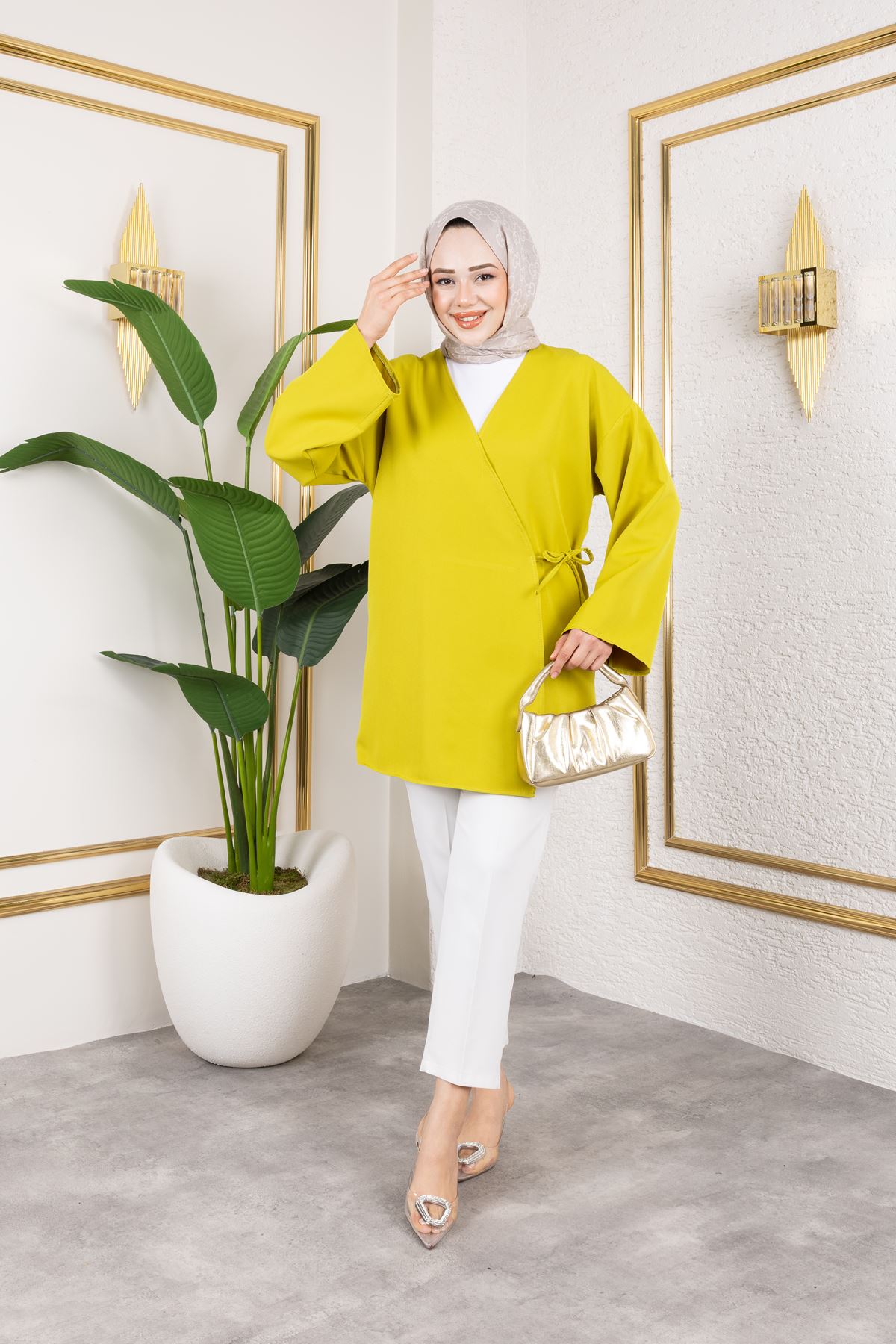 Yan Bağlamalı Atlas Tunik-YAĞ YEŞİLİ