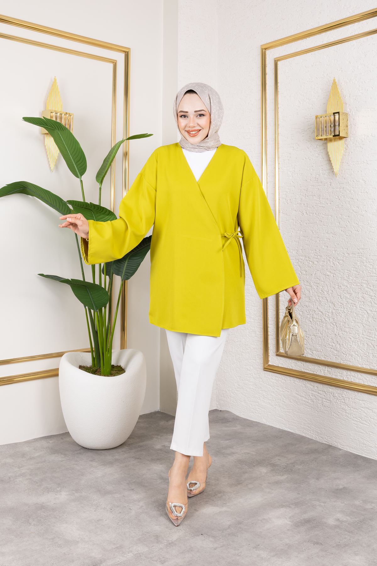 Yan Bağlamalı Atlas Tunik-YAĞ YEŞİLİ