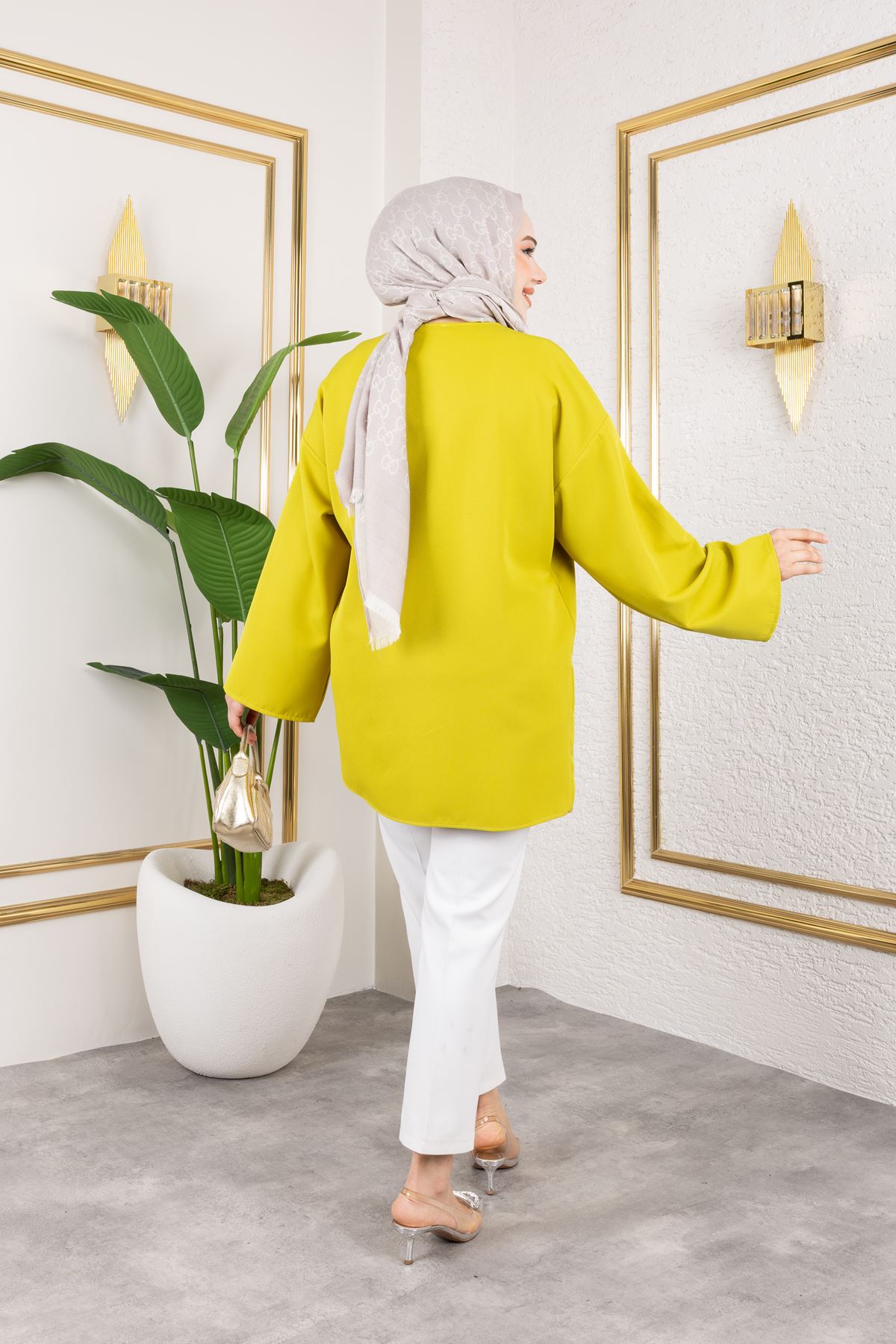 Yan Bağlamalı Atlas Tunik-YAĞ YEŞİLİ