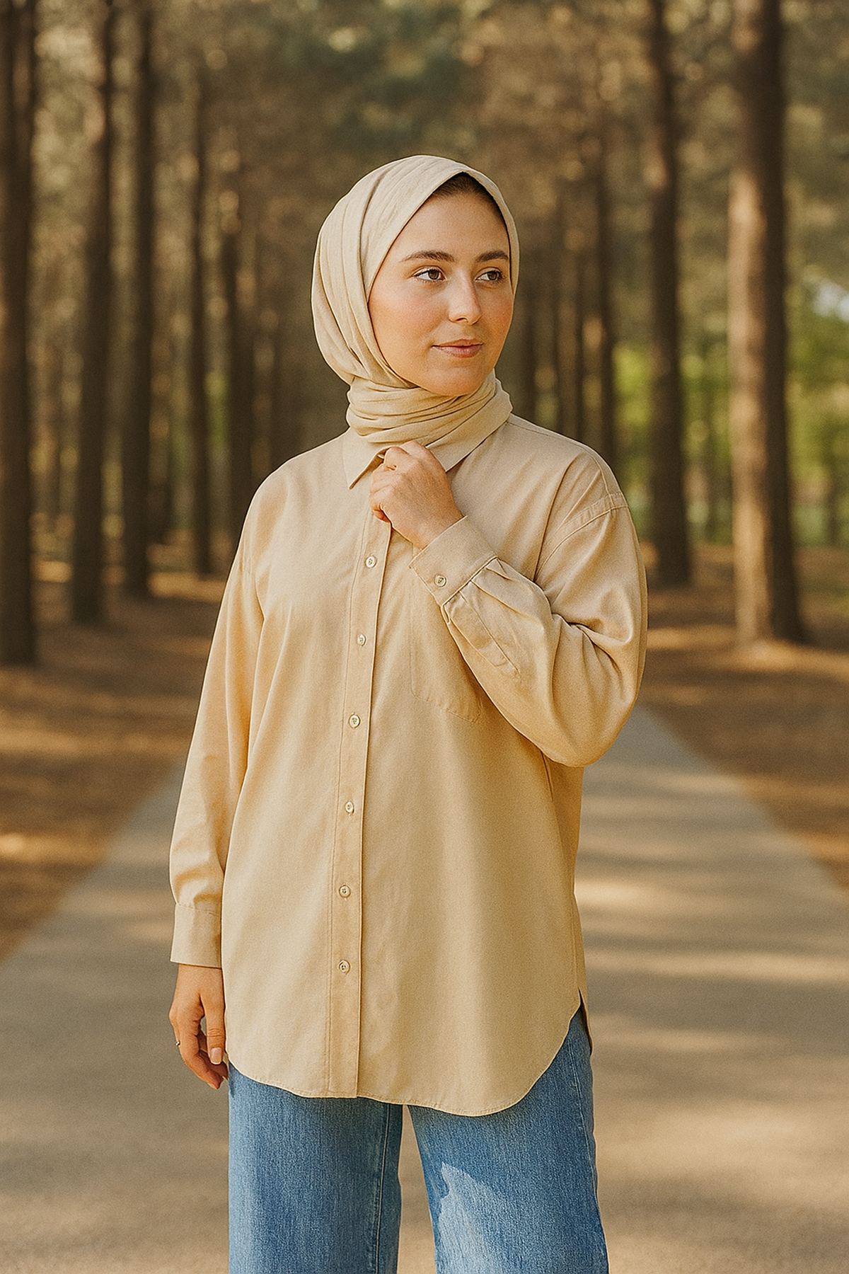 Kadın Boydan Düğmeli Kol Manşetli Oval Kesim Rahat Kalıp Poplin Uzun Gömlek Bej