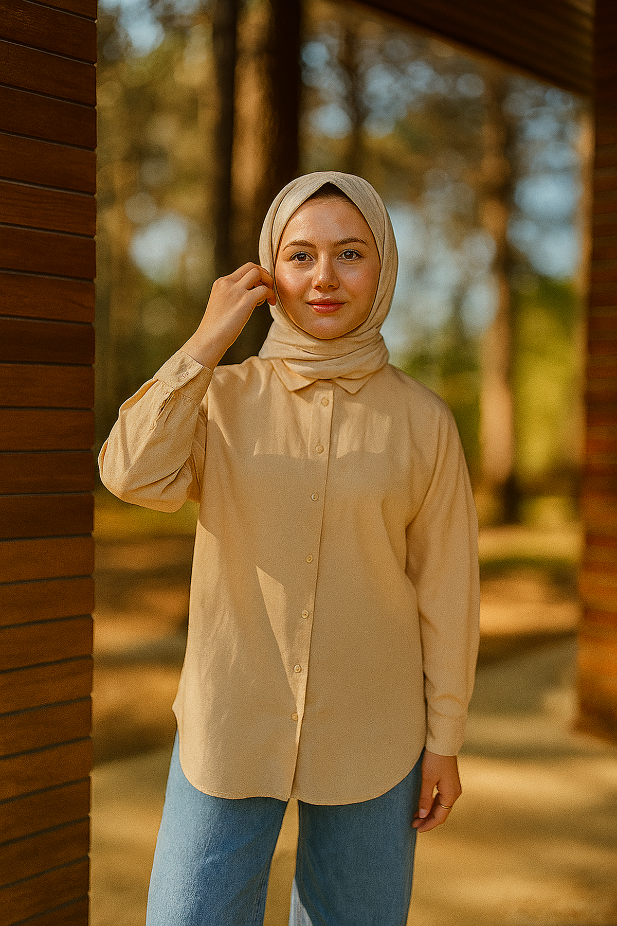 Kadın Boydan Düğmeli Kol Manşetli Oval Kesim Rahat Kalıp Poplin Uzun Gömlek Bej