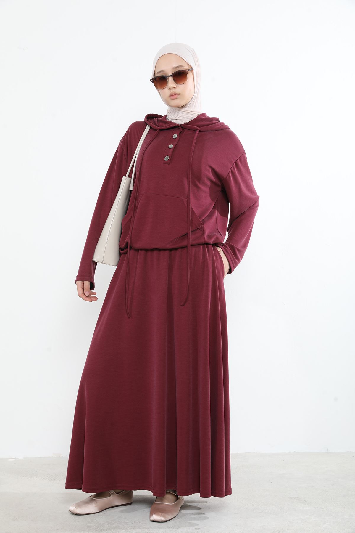 Kadın Önü Çıtçıt Pat Detaylı Kanguru Cepli Kapüşonlu Tesettür Etekli Takım Bordo