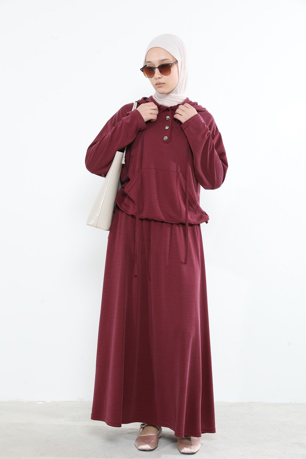 Kadın Önü Çıtçıt Pat Detaylı Kanguru Cepli Kapüşonlu Tesettür Etekli Takım Bordo
