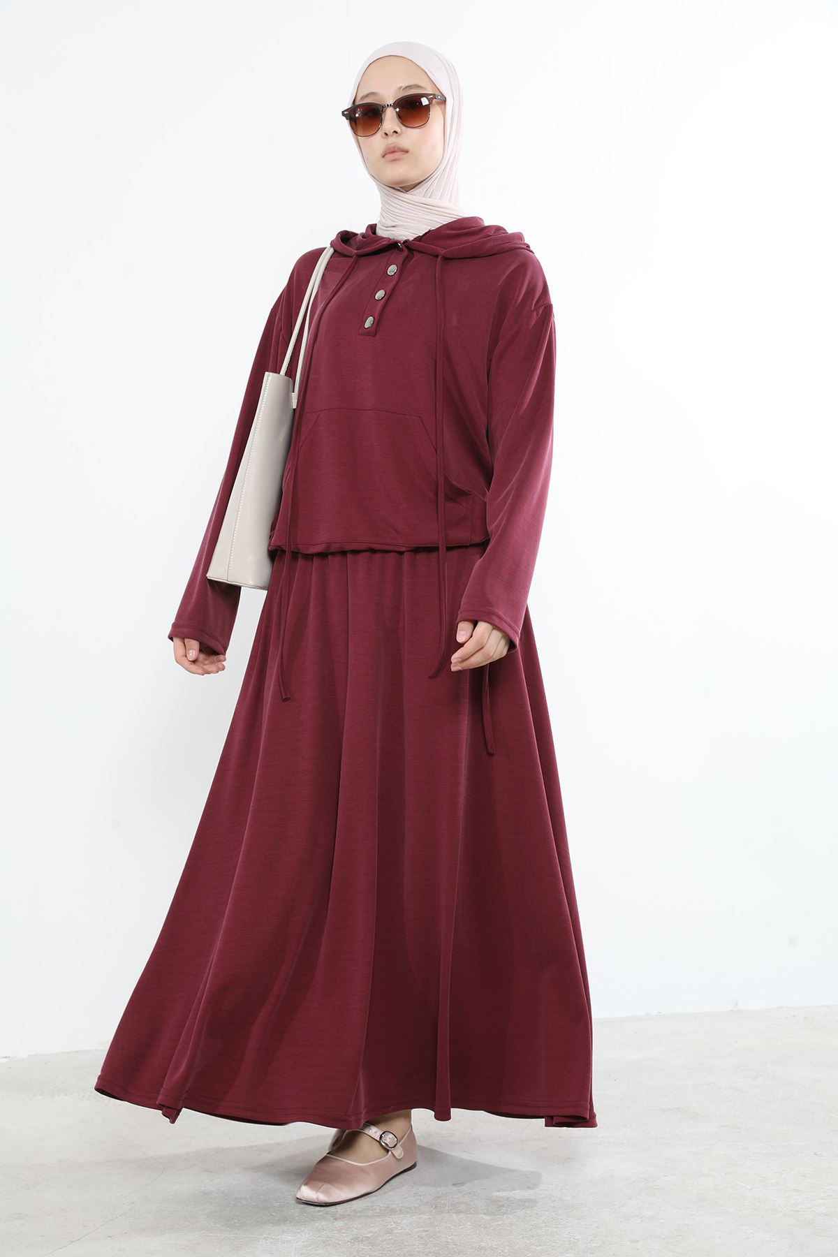 Kadın Önü Çıtçıt Pat Detaylı Kanguru Cepli Kapüşonlu Tesettür Etekli Takım Bordo