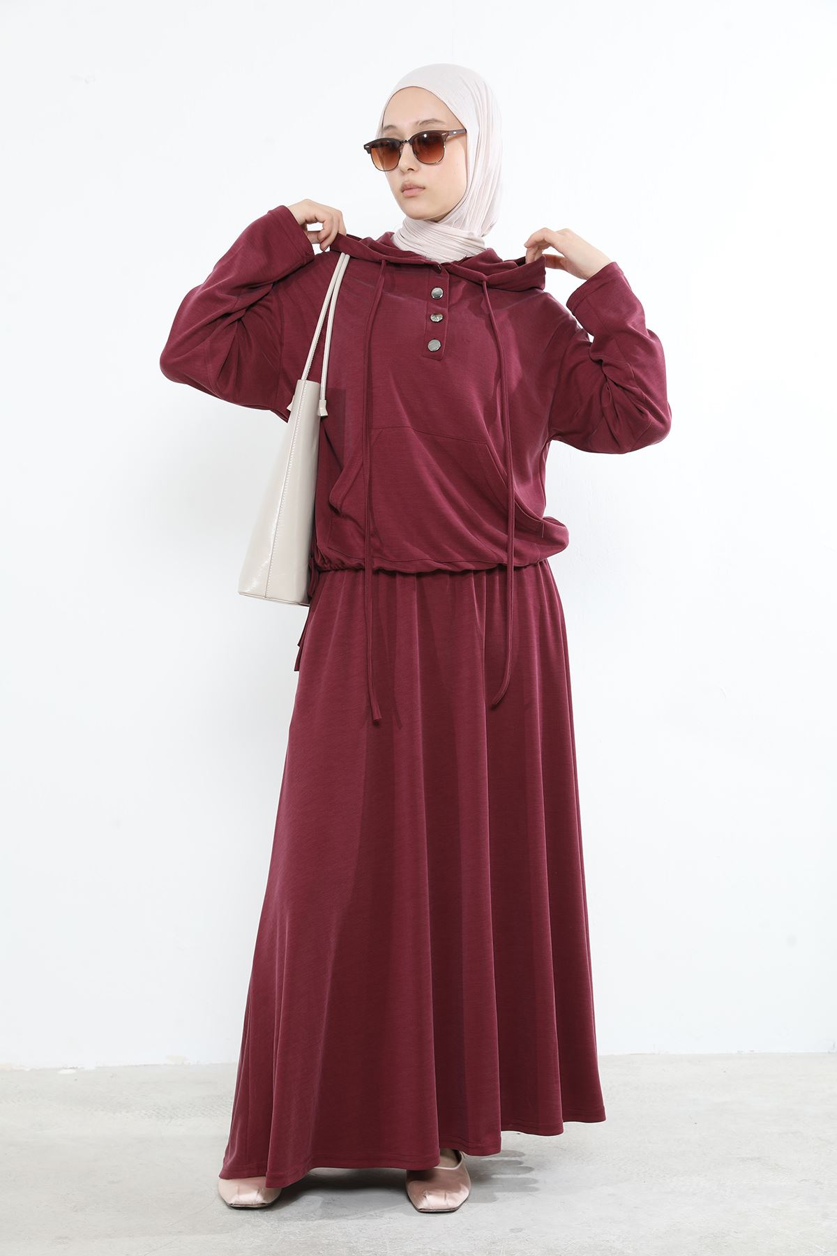 Kadın Önü Çıtçıt Pat Detaylı Kanguru Cepli Kapüşonlu Tesettür Etekli Takım Bordo