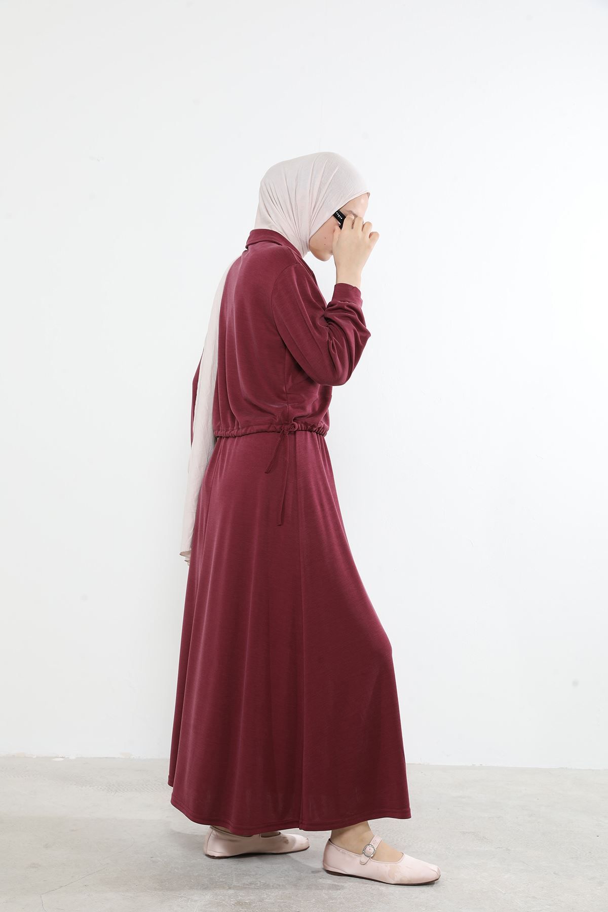 Kadın Polo Yaka Fermuar Detay Tunik Büzgü Detaylı  Tesettür Etekli Takım Bordo
