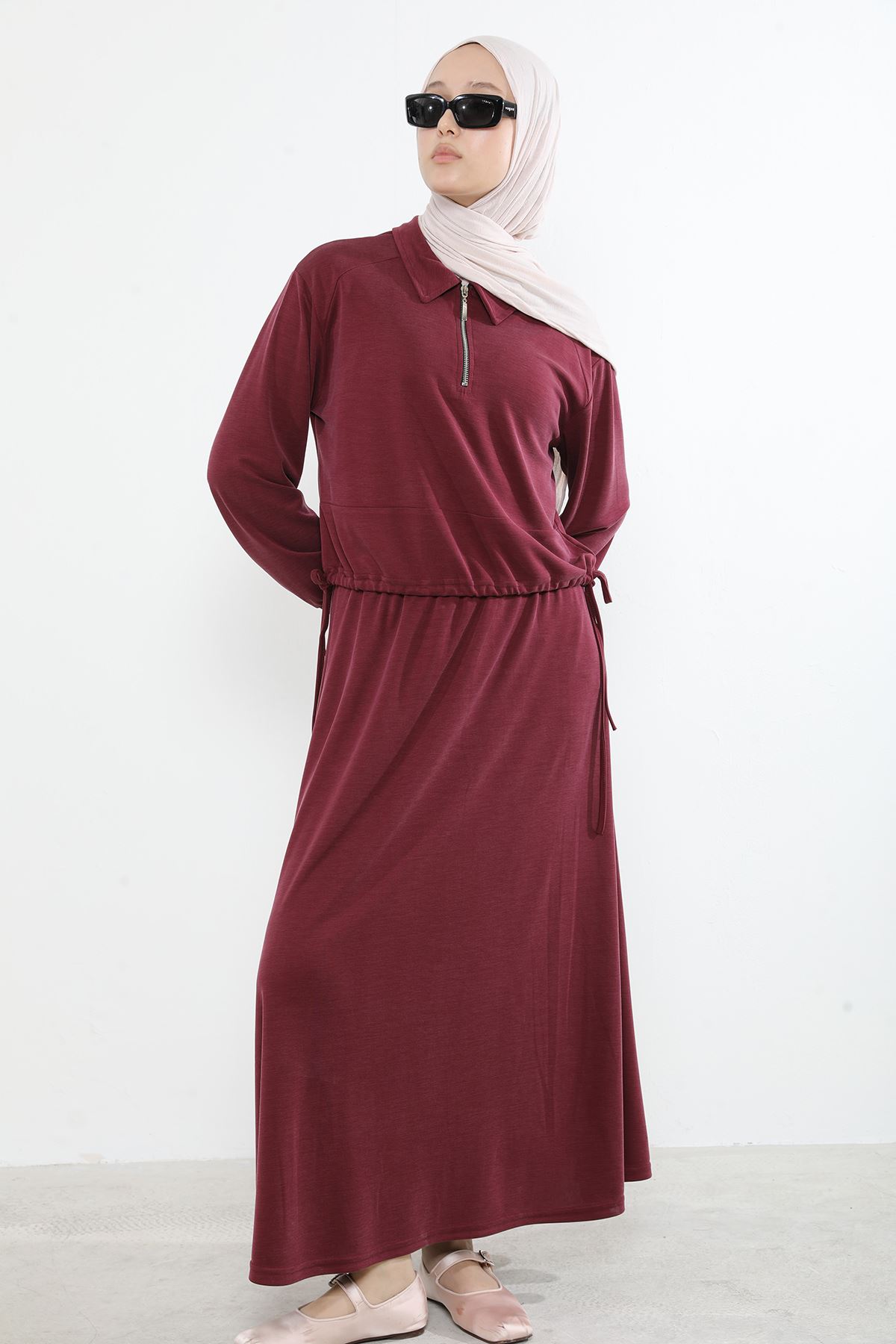 Kadın Polo Yaka Fermuar Detay Tunik Büzgü Detaylı  Tesettür Etekli Takım Bordo