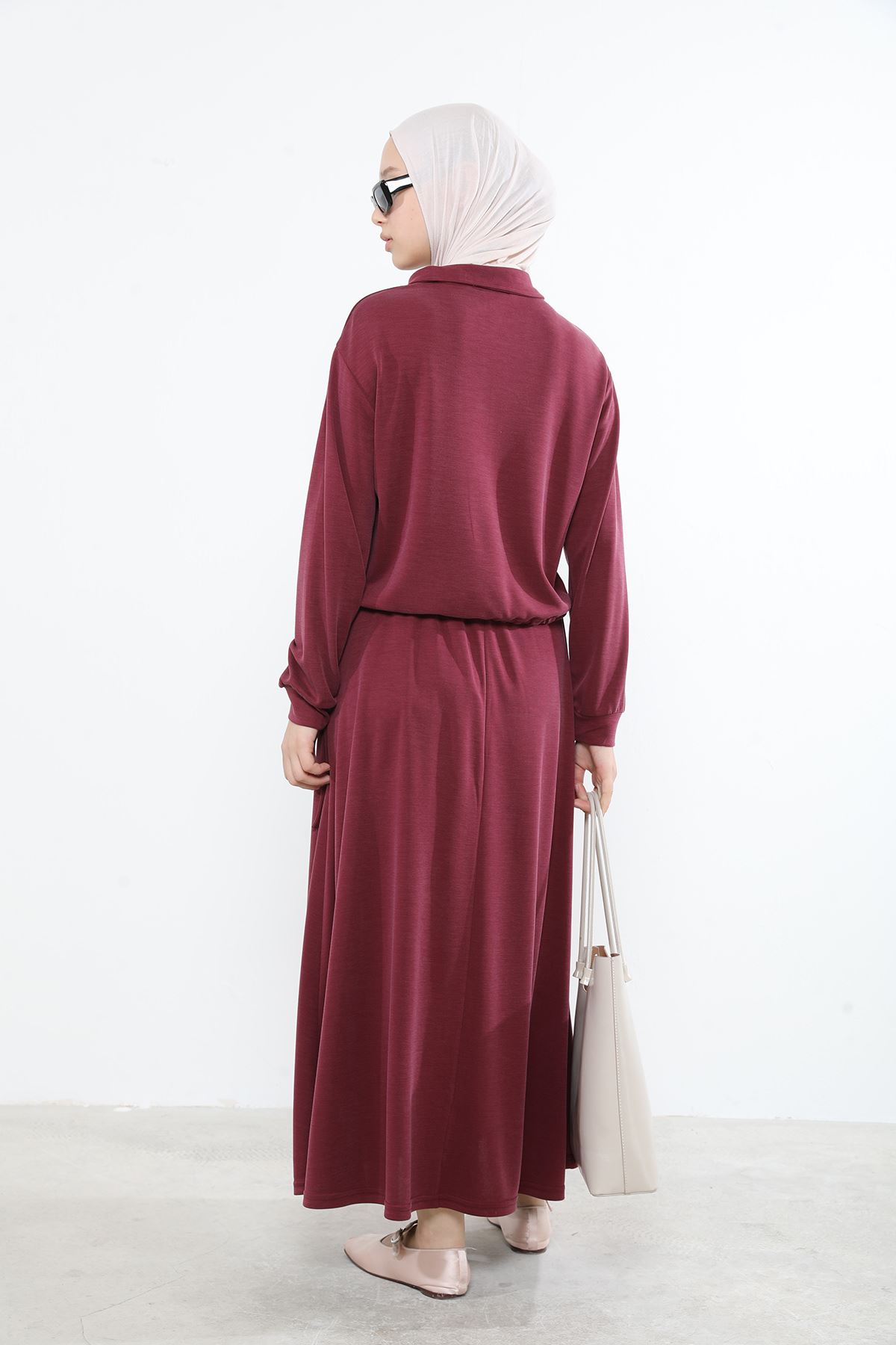 Kadın Polo Yaka Fermuar Detay Tunik Büzgü Detaylı  Tesettür Etekli Takım Bordo