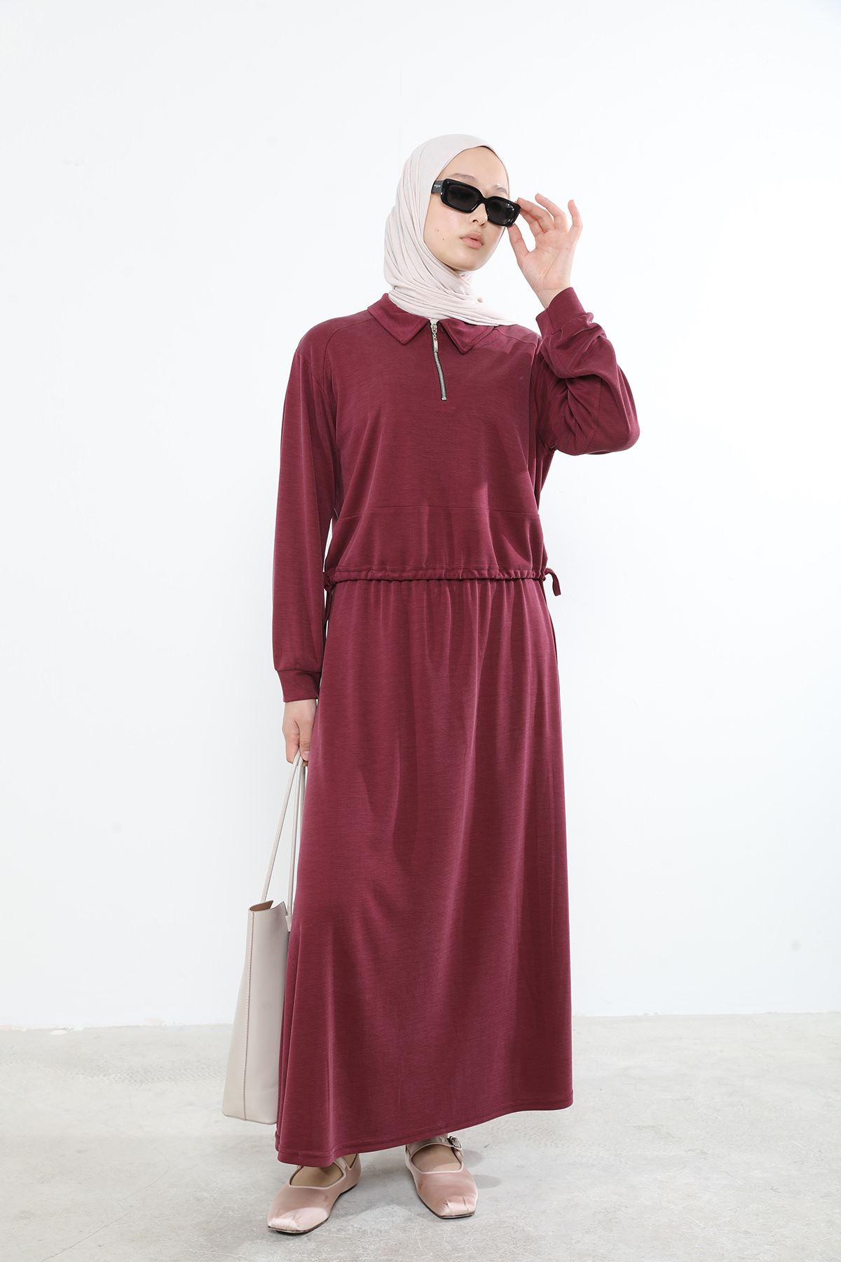 Kadın Polo Yaka Fermuar Detay Tunik Büzgü Detaylı  Tesettür Etekli Takım Bordo