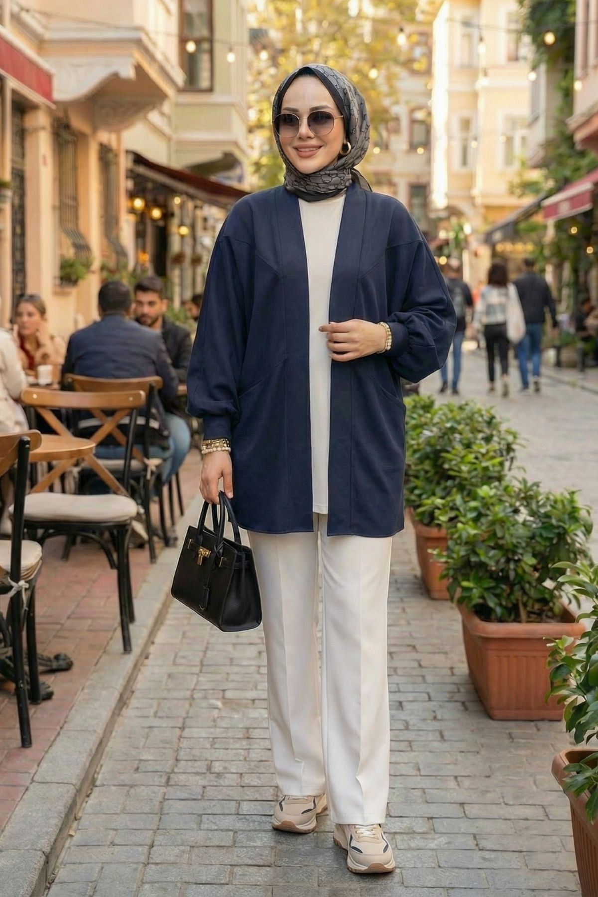 Kadın Cepli Oversize Tesettür Kimono Hırka Mevsimlik Rahat Kesim Uzun Ceket Lacivert
