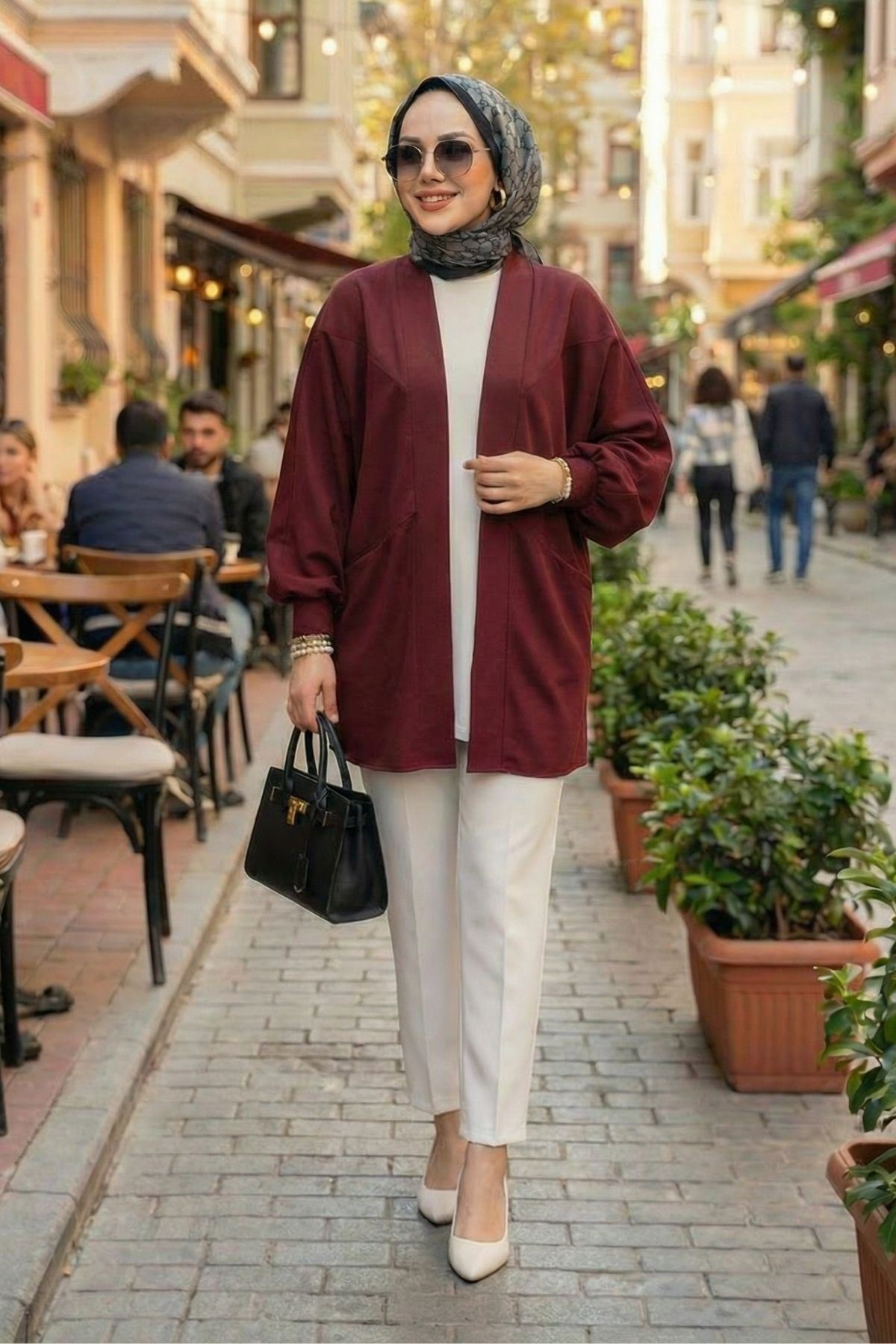Kadın Cepli Oversize Tesettür Kimono Hırka – Mevsimlik Rahat Kesim Uzun Ceket Bordo