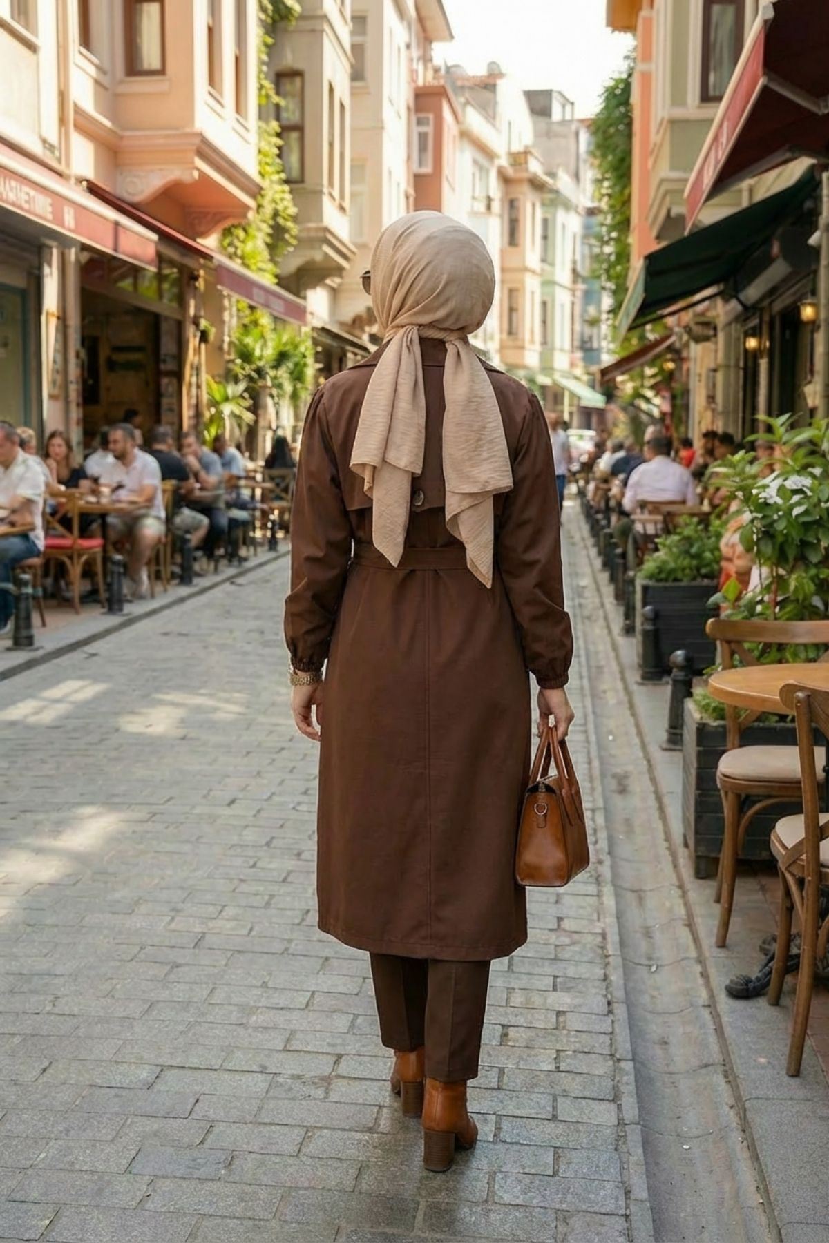 Düğmeli Kruveze Uzun Trenç-Kahve