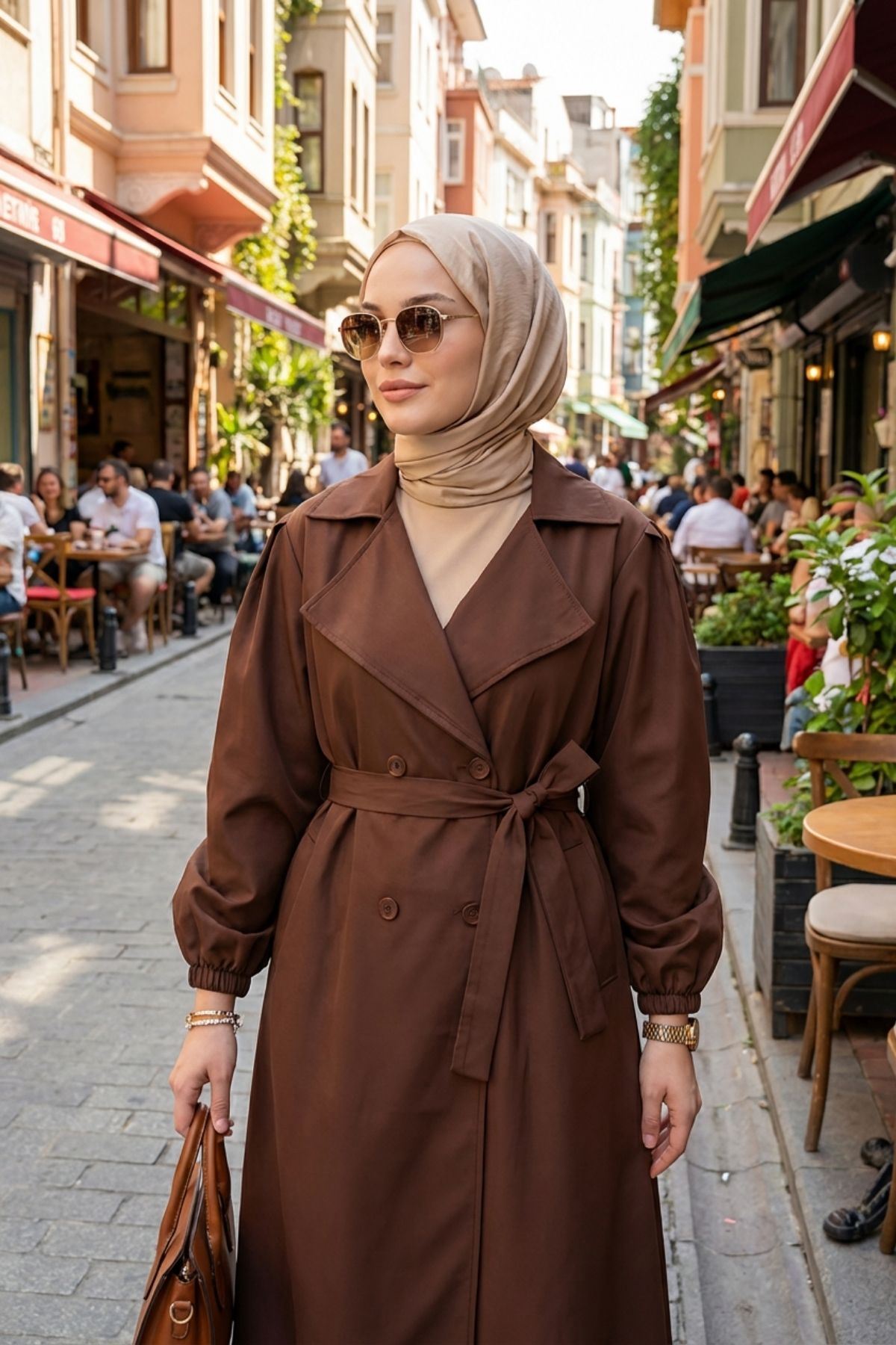 Düğmeli Kruveze Uzun Trenç-Kahve