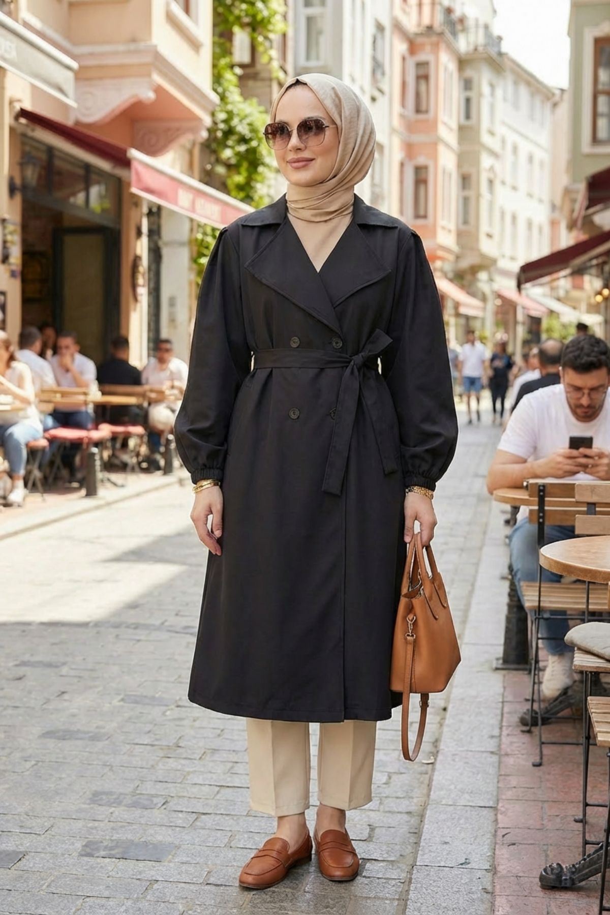 Düğmeli Kruveze Uzun Trenç-Siyah