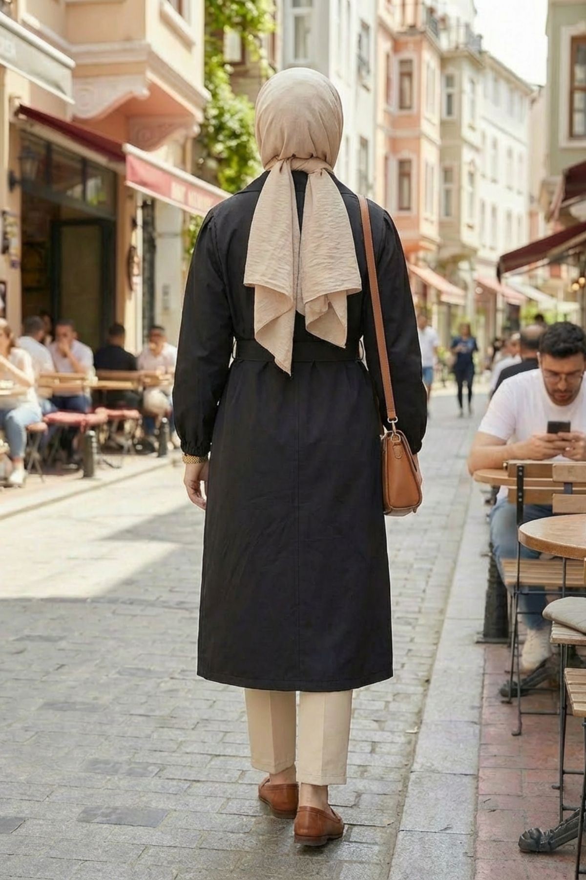 Düğmeli Kruveze Uzun Trenç-Siyah