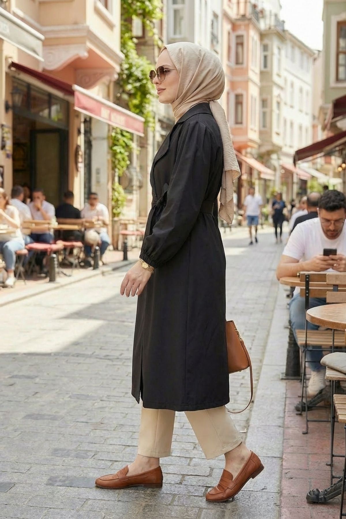 Düğmeli Kruveze Uzun Trenç-Siyah