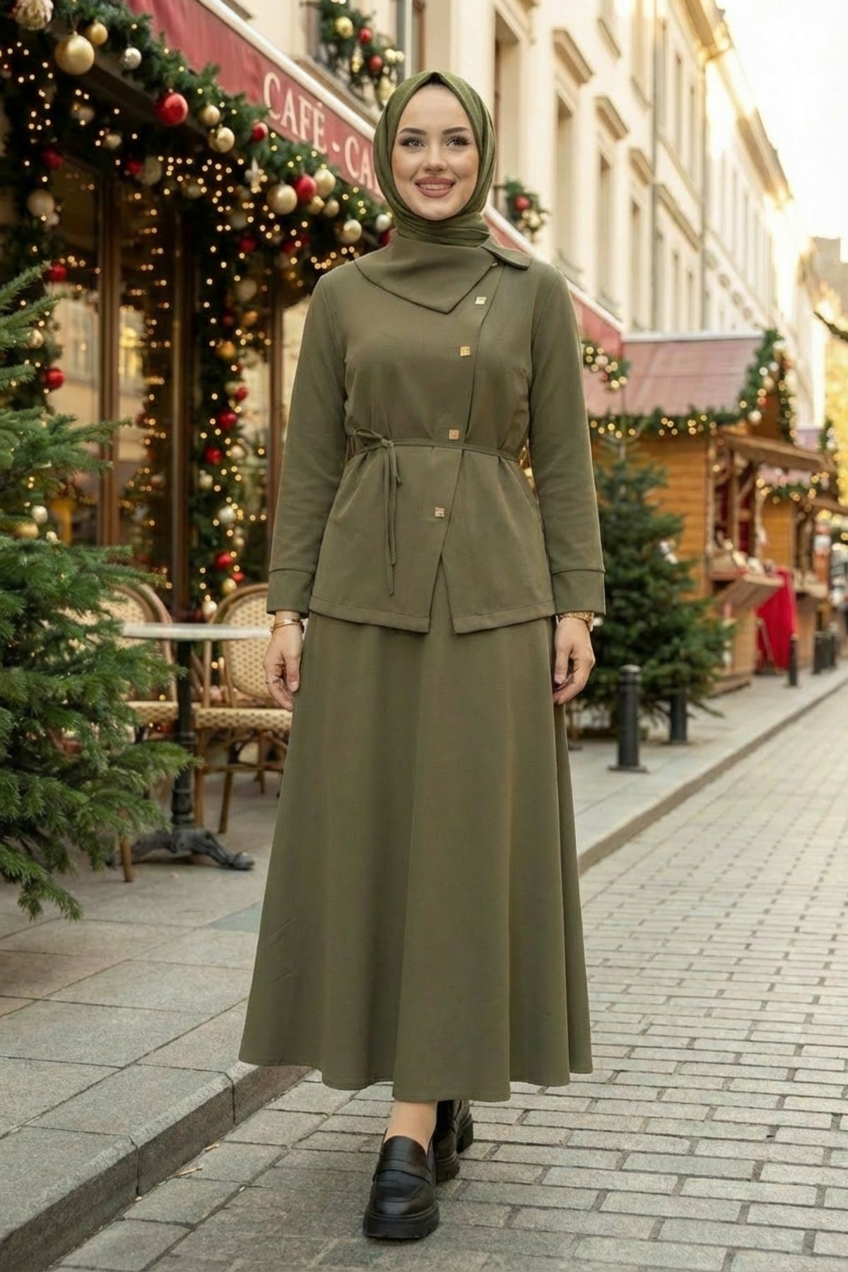 Kadın Çapraz düğme Tesettür İkili Takım Kuşaklı Tunik Uzun Etek Takım Günlük ve Şık Kombin Haki 