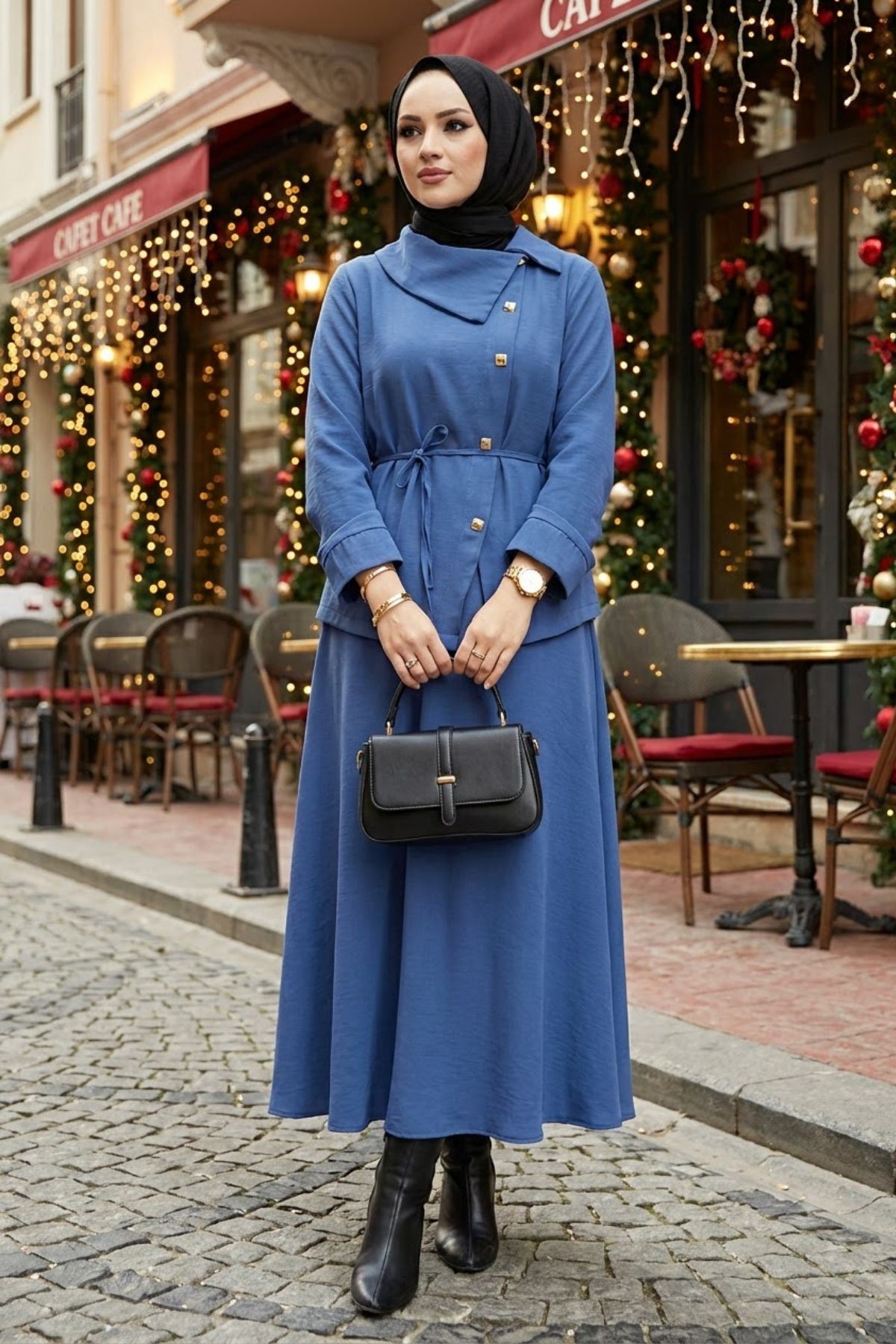Kadın Çapraz düğme Tesettür İkili Takım Kuşaklı Tunik Uzun Etek Takım Günlük ve Şık Kombin İndigo
