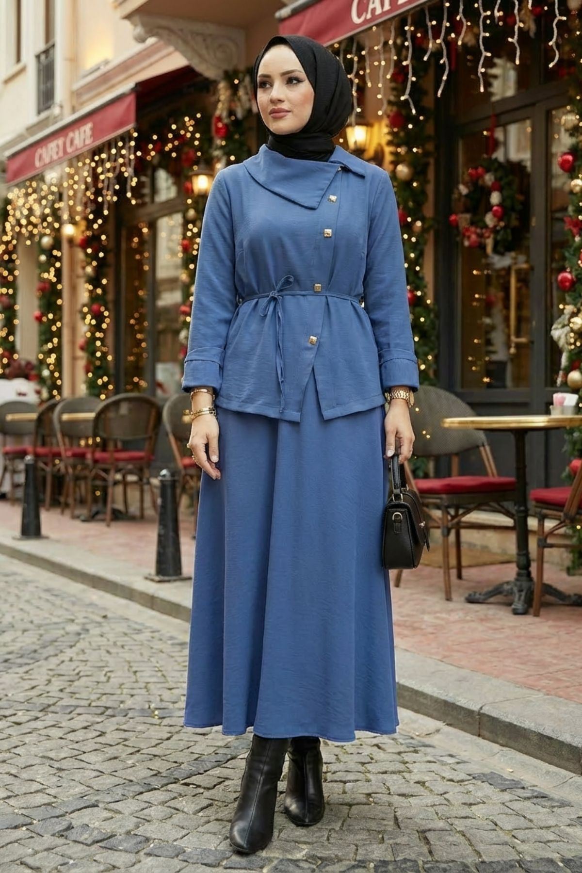 Kadın Çapraz düğme Tesettür İkili Takım Kuşaklı Tunik Uzun Etek Takım Günlük ve Şık Kombin İndigo