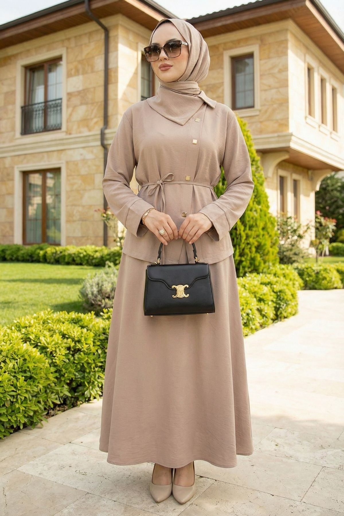 Kadın Çapraz düğme Tesettür İkili Takım Kuşaklı Tunik Uzun Etek Takım Günlük ve Şık Kombin Vizon