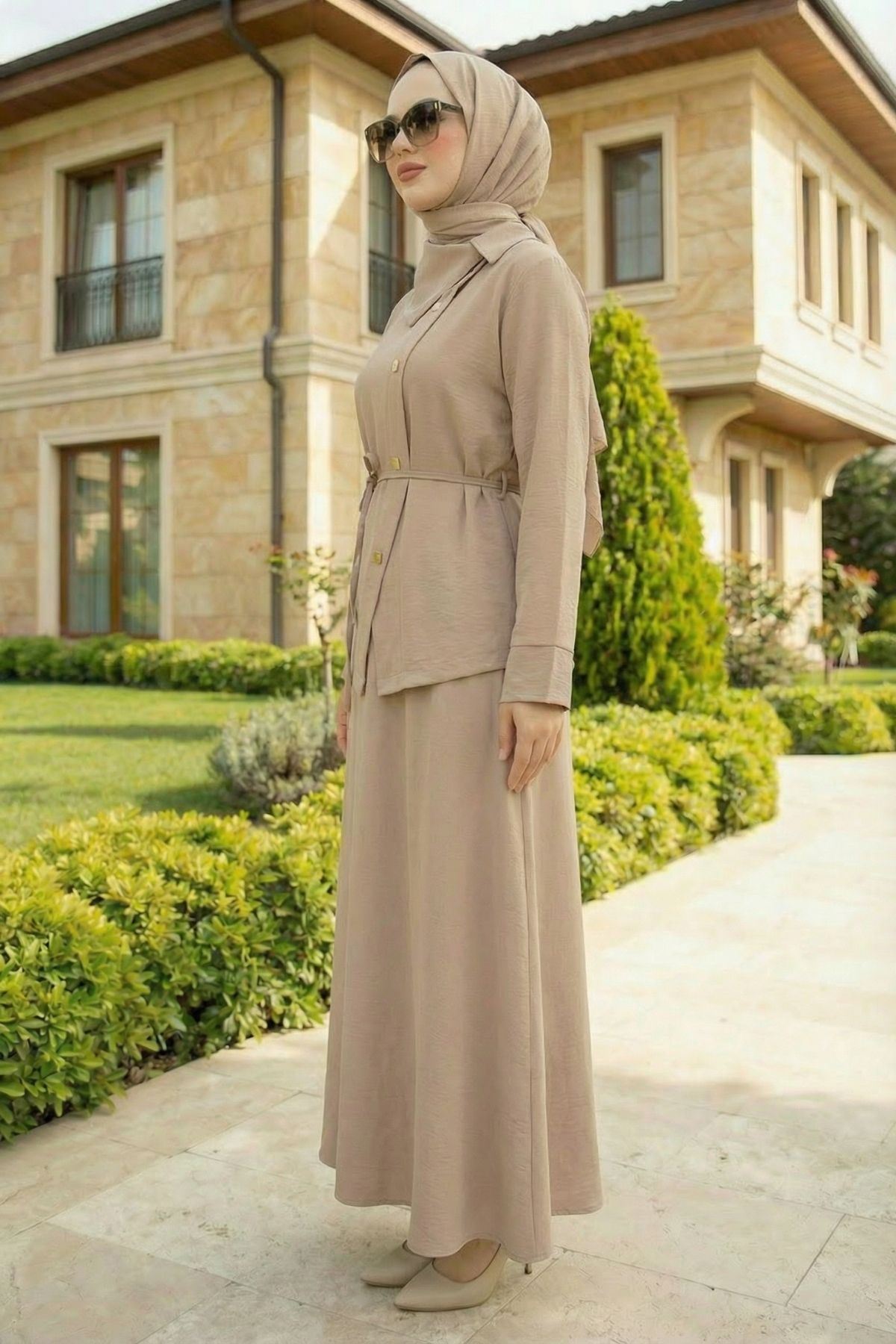 Kadın Çapraz düğme Tesettür İkili Takım Kuşaklı Tunik Uzun Etek Takım Günlük ve Şık Kombin Vizon
