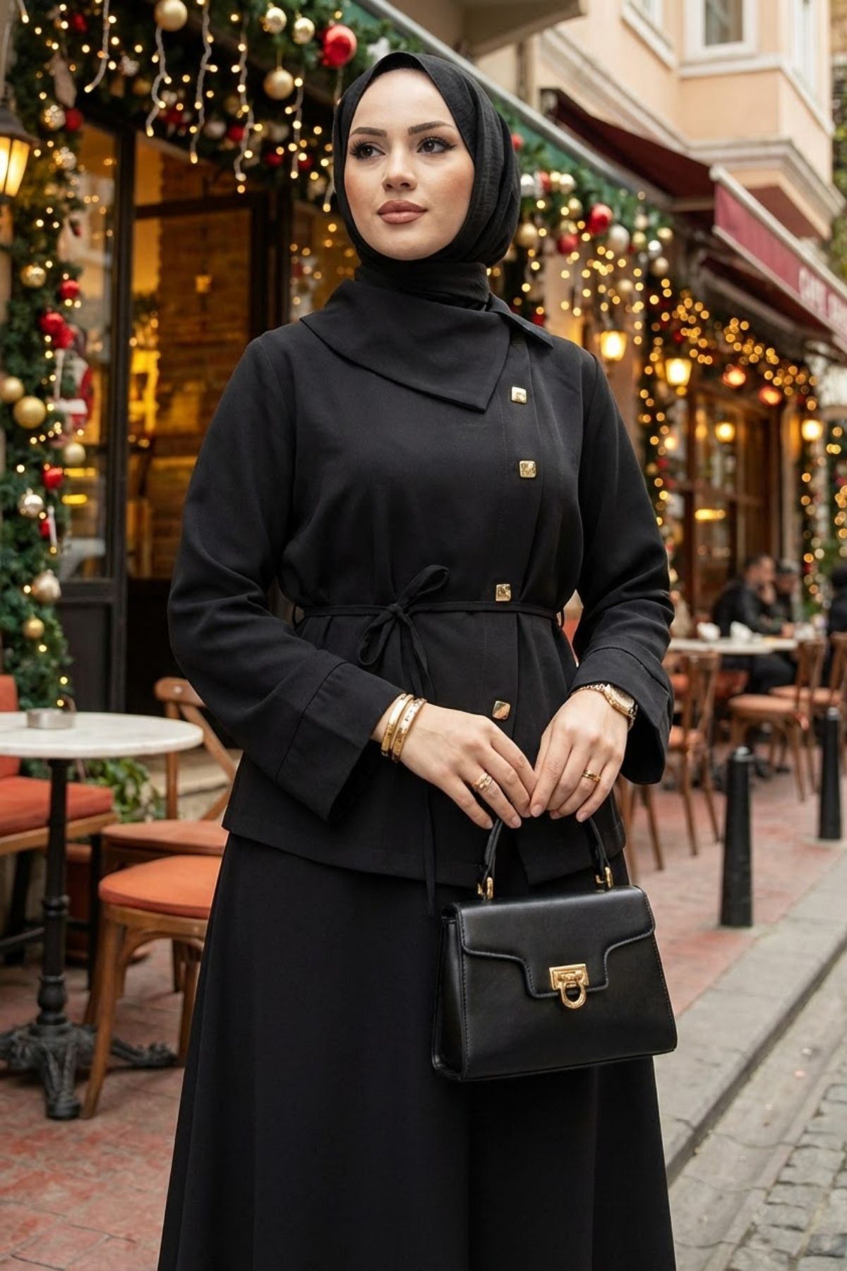 Kadın Çapraz düğme Tesettür İkili Takım Kuşaklı Tunik Uzun Etek Takım Günlük ve Şık Kombin Siyah