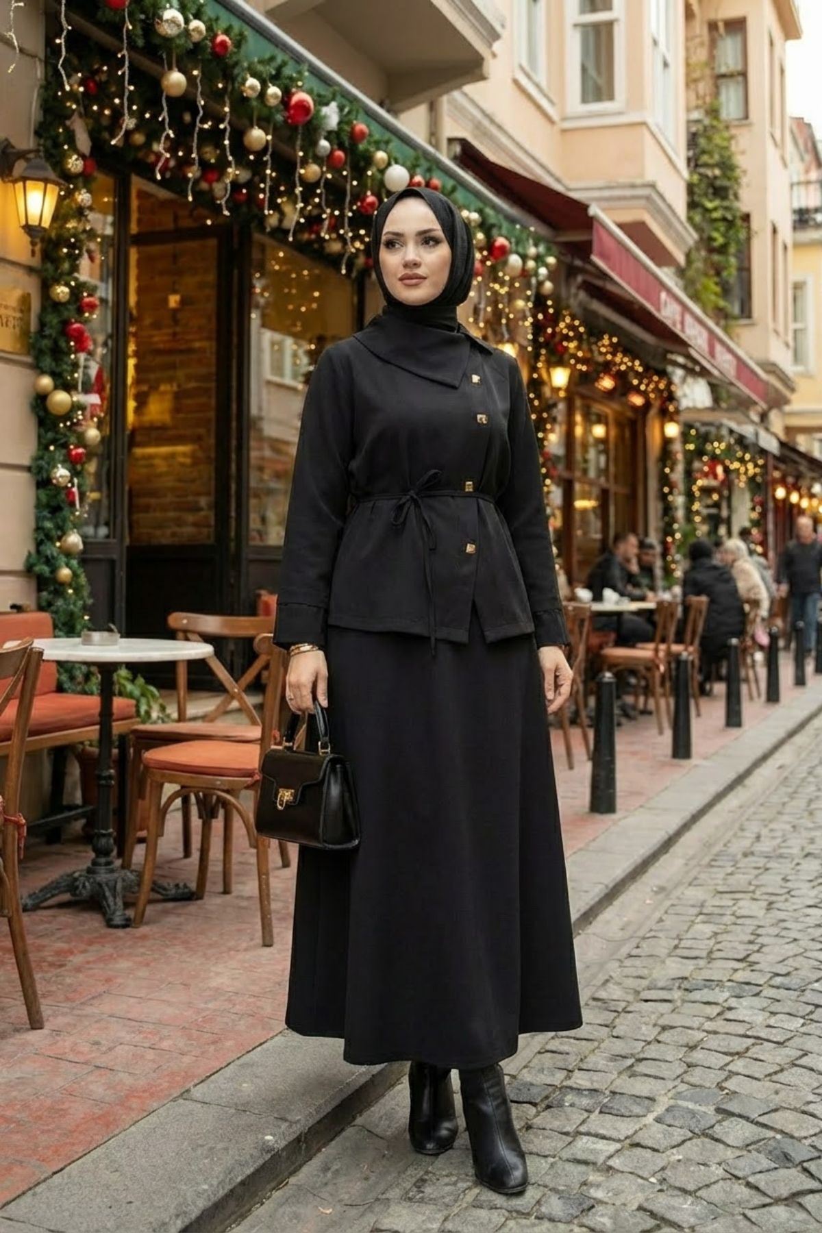 Kadın Çapraz düğme Tesettür İkili Takım Kuşaklı Tunik Uzun Etek Takım Günlük ve Şık Kombin Siyah