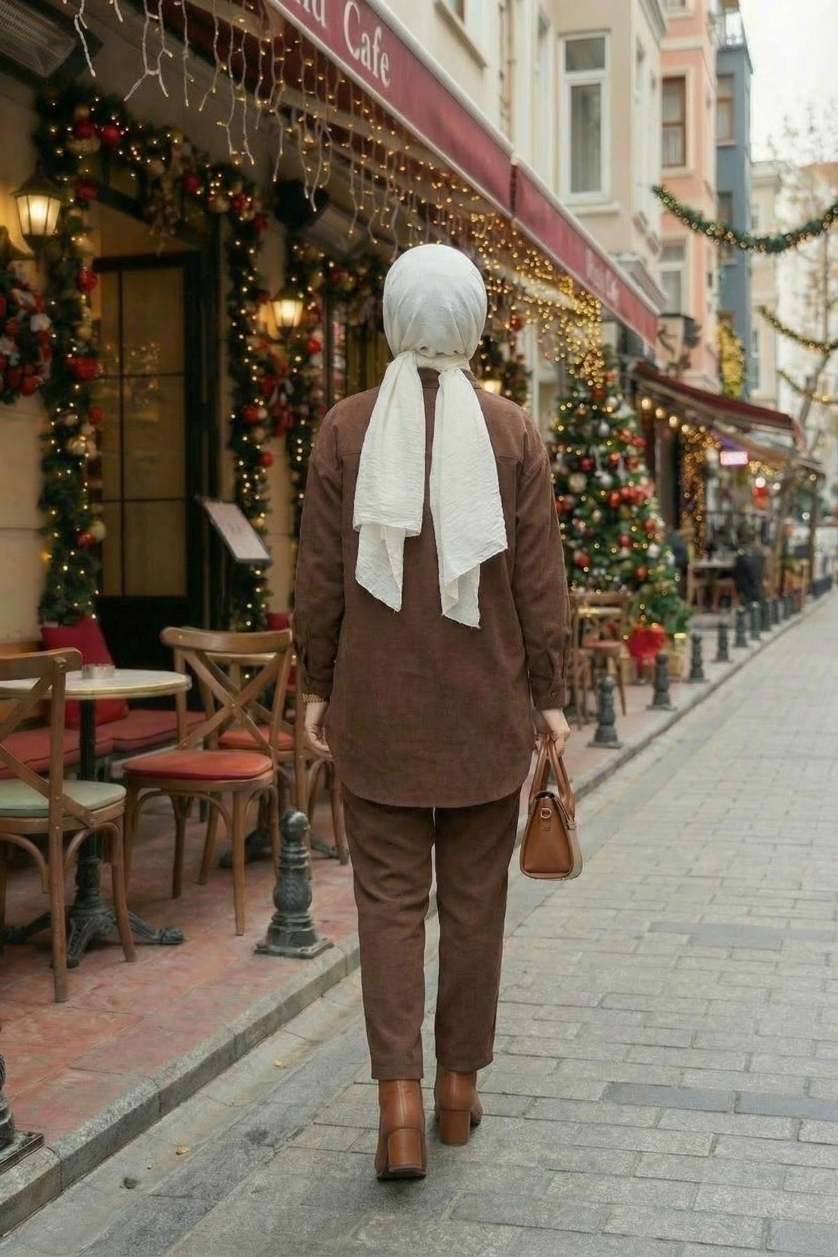 Kadın Kahverengi Keten Tesettür İkili Takım  Gömlek Tunik Pantolon Rahat Kesim