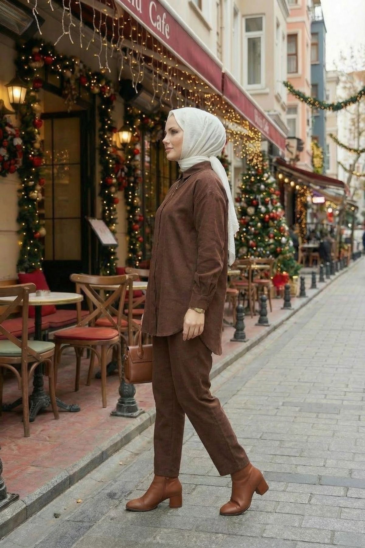 Kadın Kahverengi Keten Tesettür İkili Takım  Gömlek Tunik Pantolon Rahat Kesim