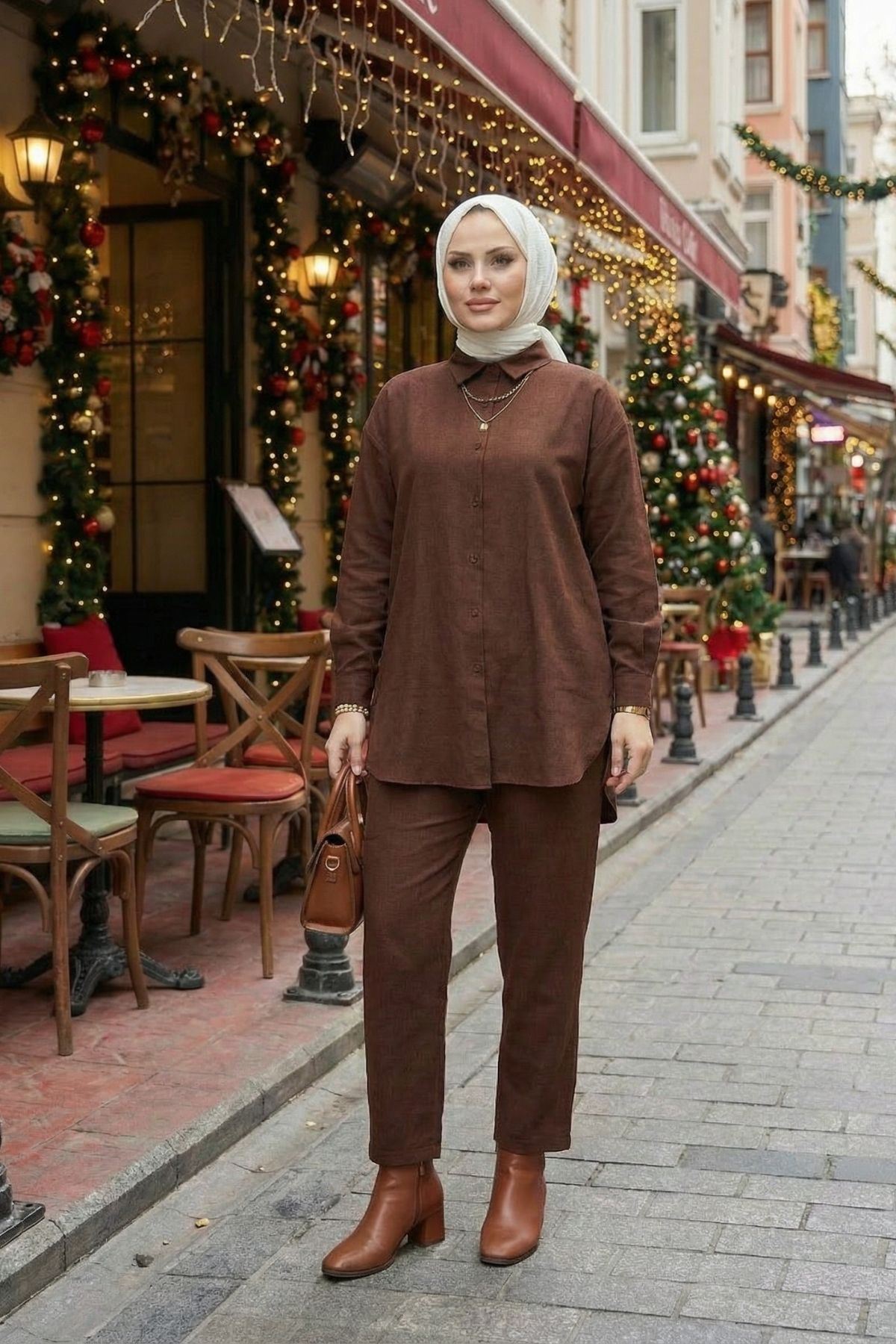 Kadın Kahverengi Keten Tesettür İkili Takım  Gömlek Tunik Pantolon Rahat Kesim