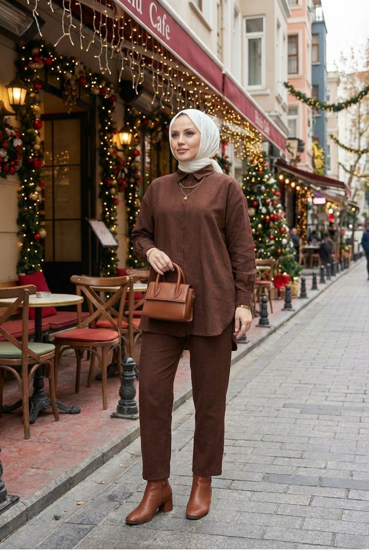 Kadın Kahverengi Keten Tesettür İkili Takım  Gömlek Tunik Pantolon Rahat Kesim