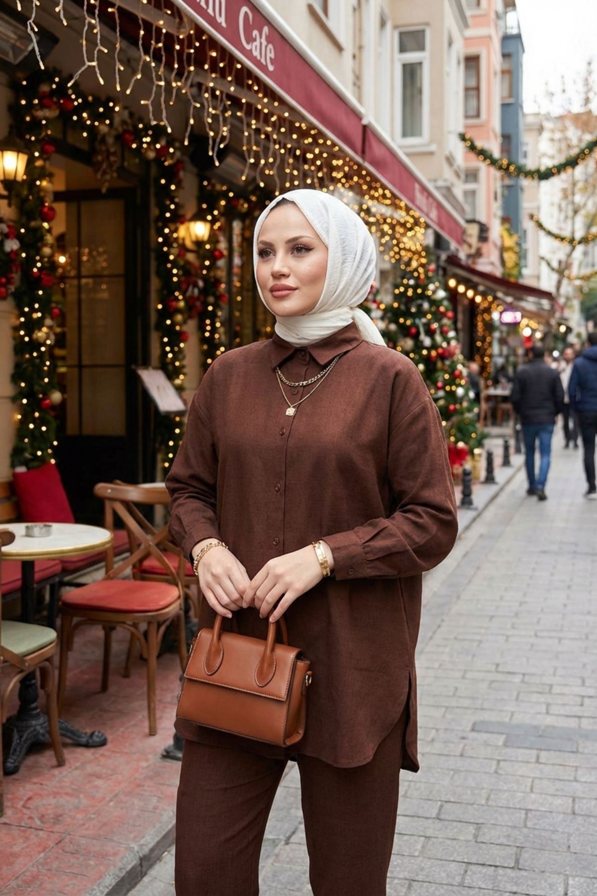 Kadın Kahverengi Keten Tesettür İkili Takım  Gömlek Tunik Pantolon Rahat Kesim