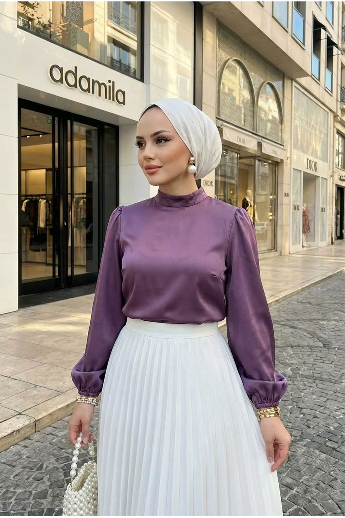 Kadın Lastikli Kol Yarı Dik Yaka Arka Fermuar Detay Saten Tunik Gül Kurusu