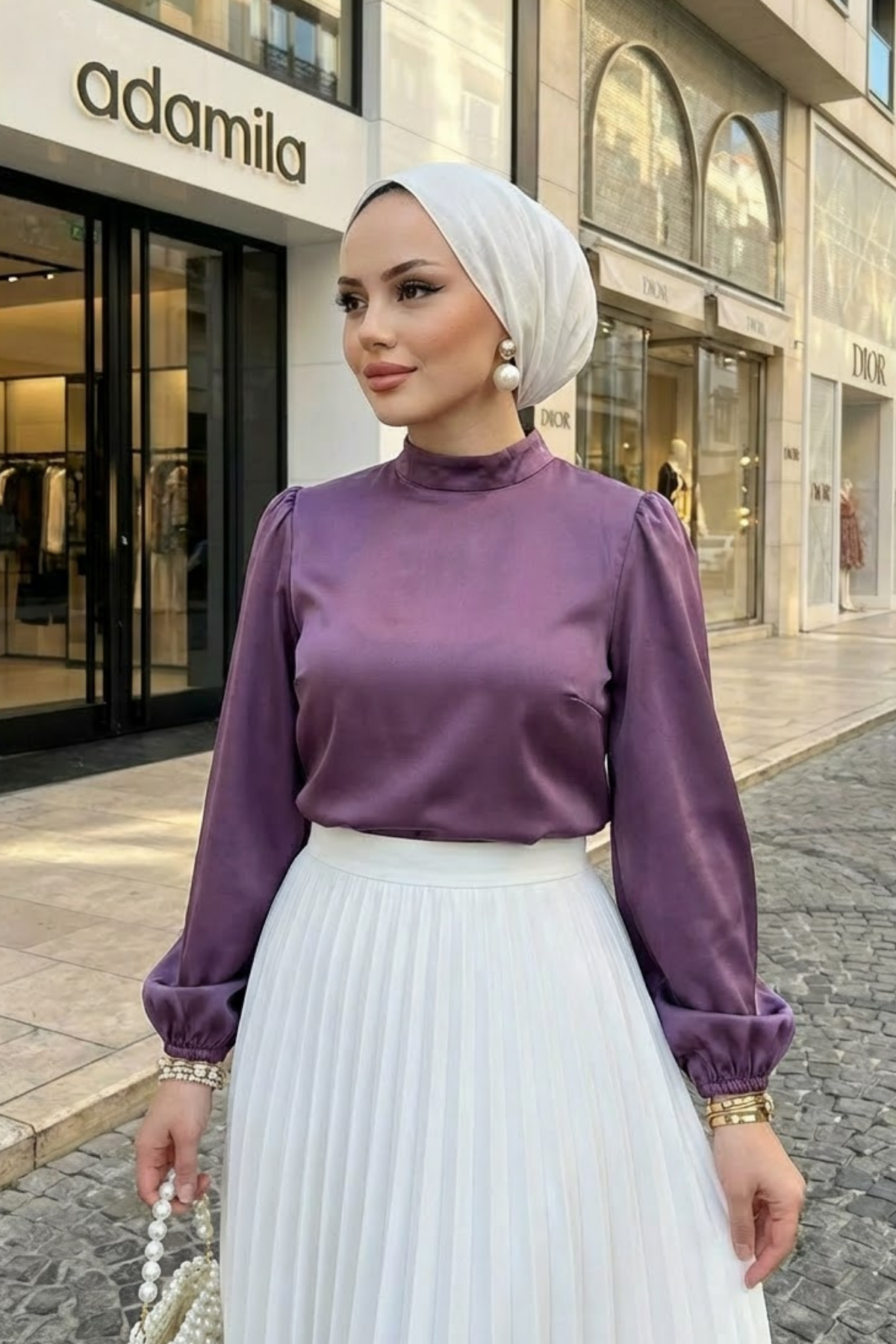 Kadın Lastikli Kol Yarı Dik Yaka Arka Fermuar Detay Saten Tunik Gül Kurusu