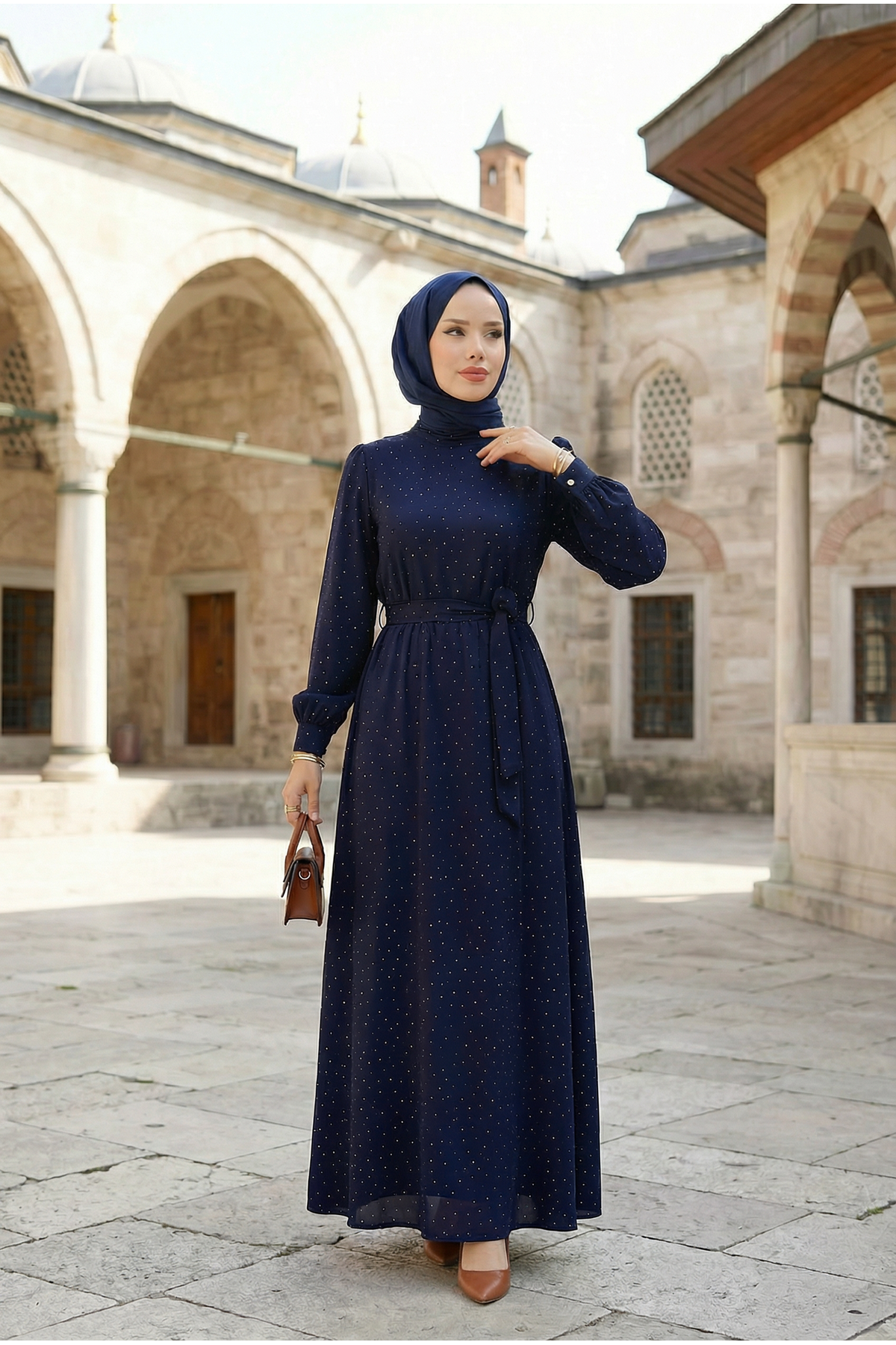 Kadın Saten Taş İşlemeli Kuşaklı Tesettür Düğün Nişan Özel Gün Abiye Elbise Lacivert