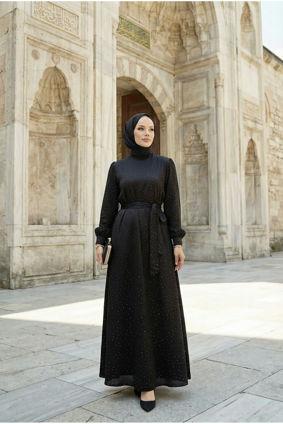 Kadın Saten Taş İşlemeli Kuşaklı Tesettür Düğün Nişan Özel Gün Abiye Elbise Siyah