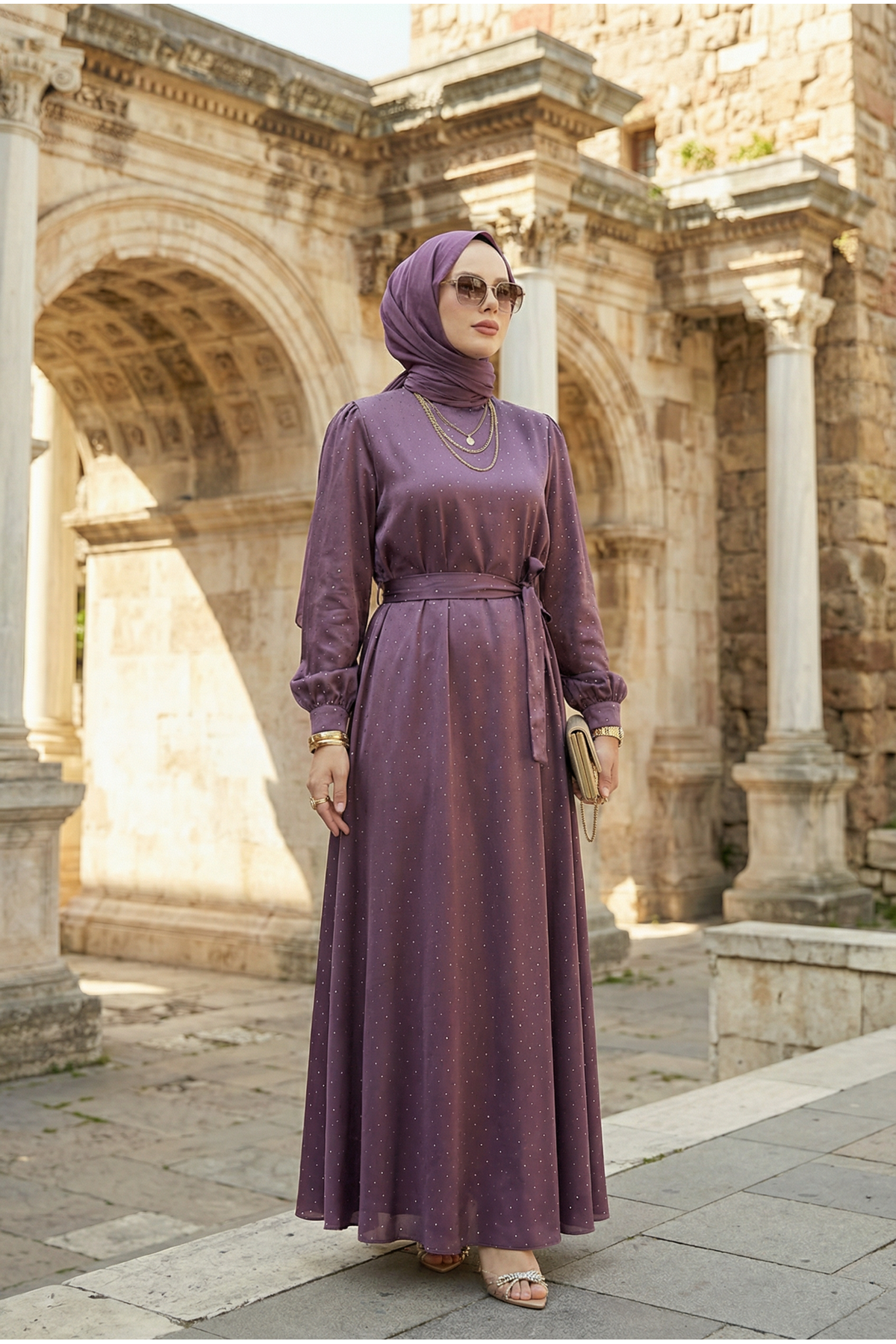 Kadın Saten Taş İşlemeli Kuşaklı Tesettür Düğün Nişan Özel Gün Abiye Elbise Gül Kurusu