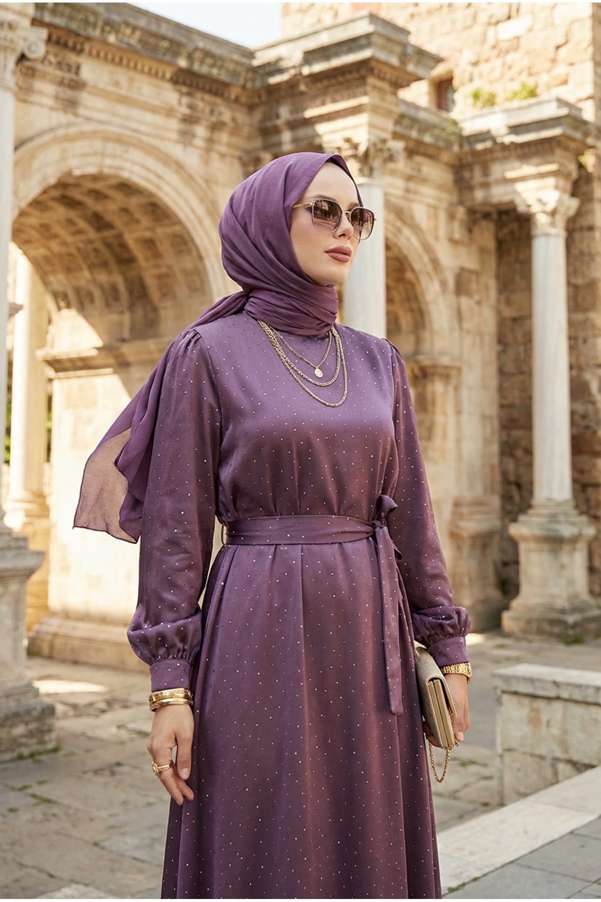 Kadın Saten Taş İşlemeli Kuşaklı Tesettür Düğün Nişan Özel Gün Abiye Elbise Gül Kurusu