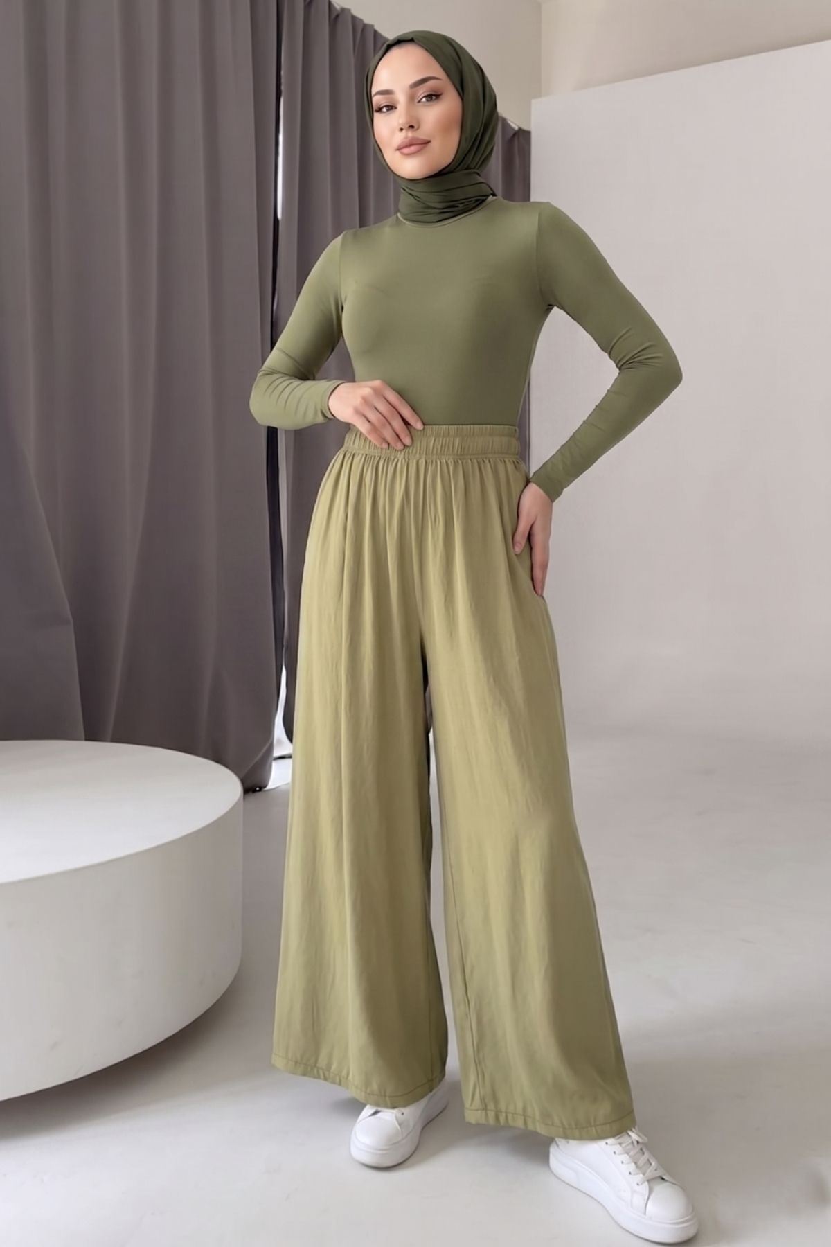 Kadın Yağ Yeşili Tesettür İkili Takım  Kuşaklı Salaş Tunik Pantolon Takım Oversize Yazlık Tesettür Kombin