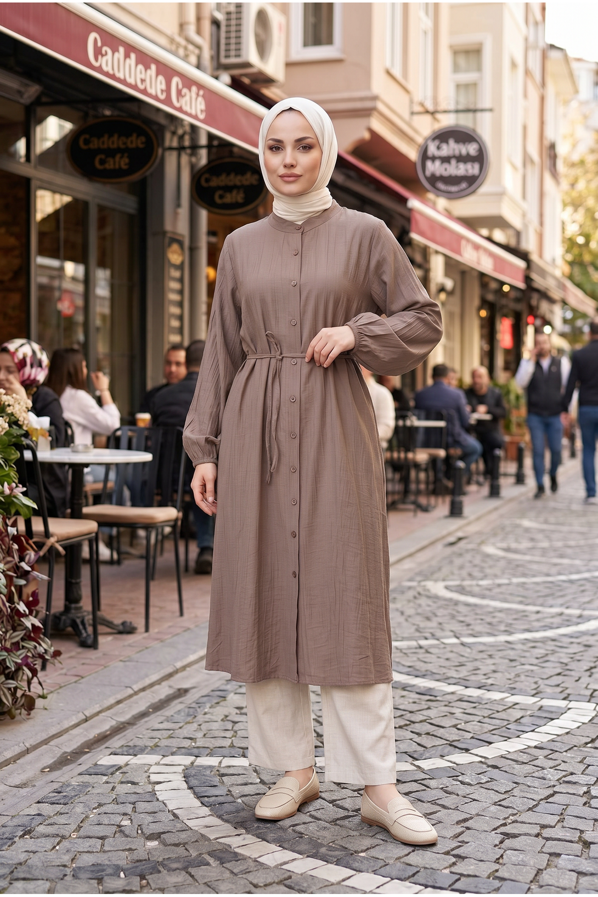 Kadın Tesettür Uzun Tunik Hakim Yaka Boydan Düğmeli Belden Bağlamalı Rahat Kalıp Günlük Şık 120 CM Uzun Tesettür Tunik