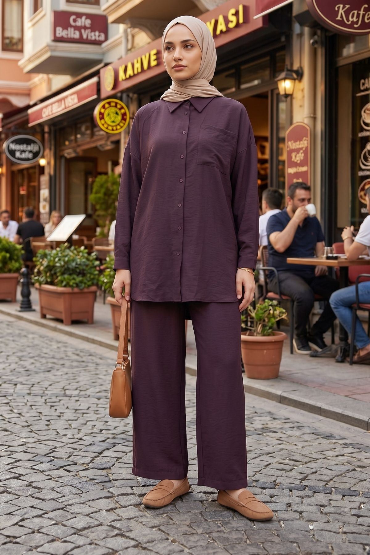 Kadın Bordo İkili Tesettür Takım Oversize Gömlek Pantolon Rahat Kalıp Yazlık Şık Günlük Tesettür Kombin