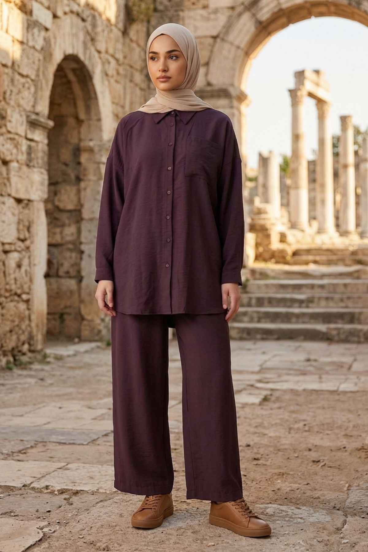 Kadın Bordo İkili Tesettür Takım Oversize Gömlek Pantolon Rahat Kalıp Yazlık Şık Günlük Tesettür Kombin