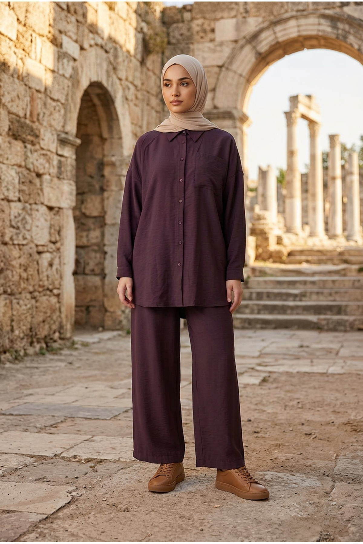 Kadın Bordo İkili Tesettür Takım Oversize Gömlek Pantolon Rahat Kalıp Yazlık Şık Günlük Tesettür Kombin