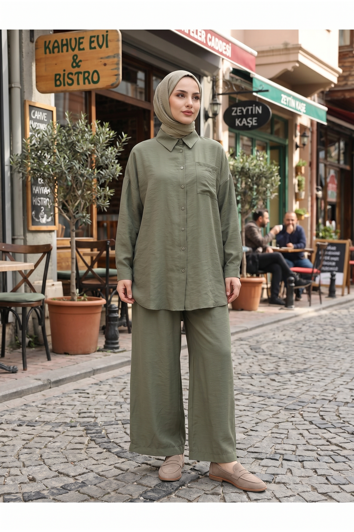Kadın Haki İkili Tesettür Takım Oversize Gömlek Pantolon Rahat Kalıp Yazlık Şık Günlük Tesettür Kombin
