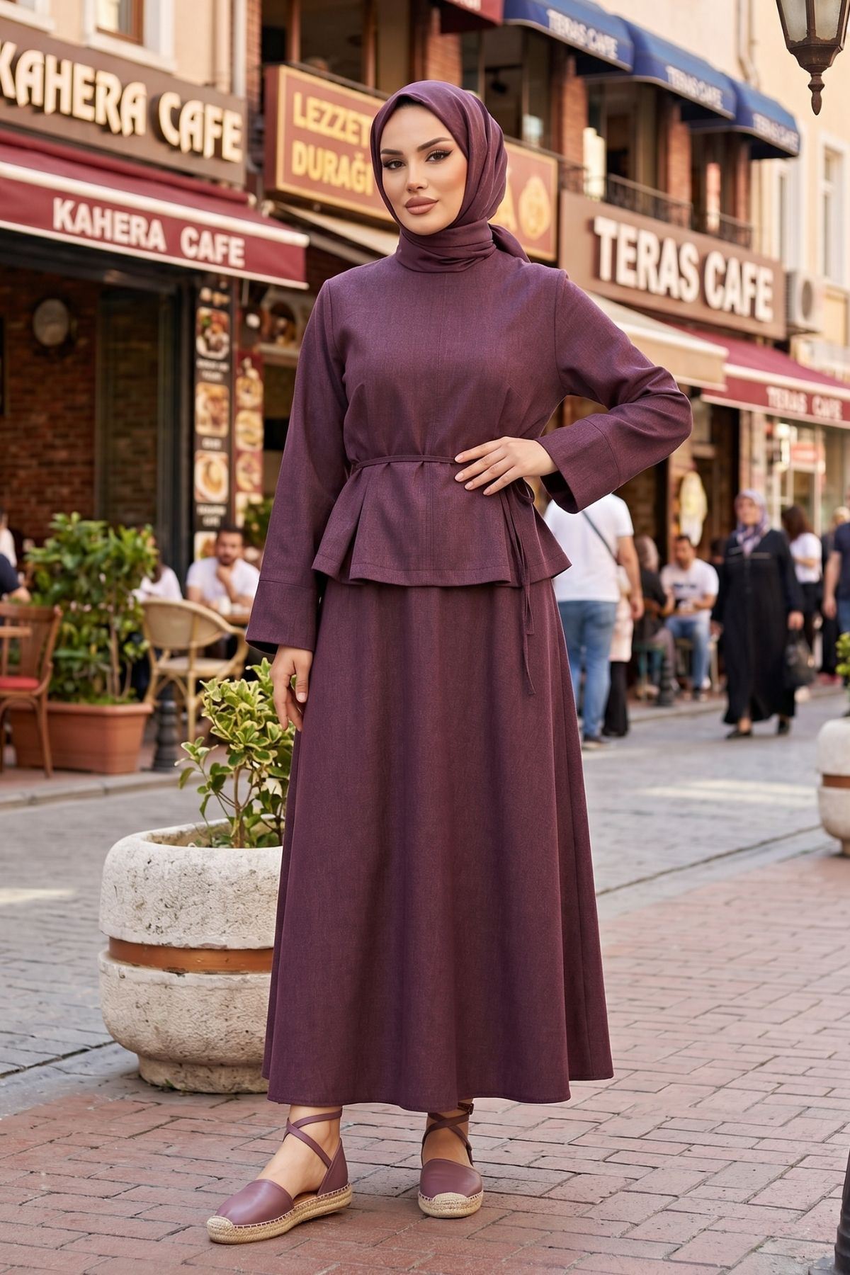 Kadın Bordo Tesettür Takım Kuşaklı İkili Takım Uzun Etekli Şık Kombin Günlük Özel Gün İkili Takımı