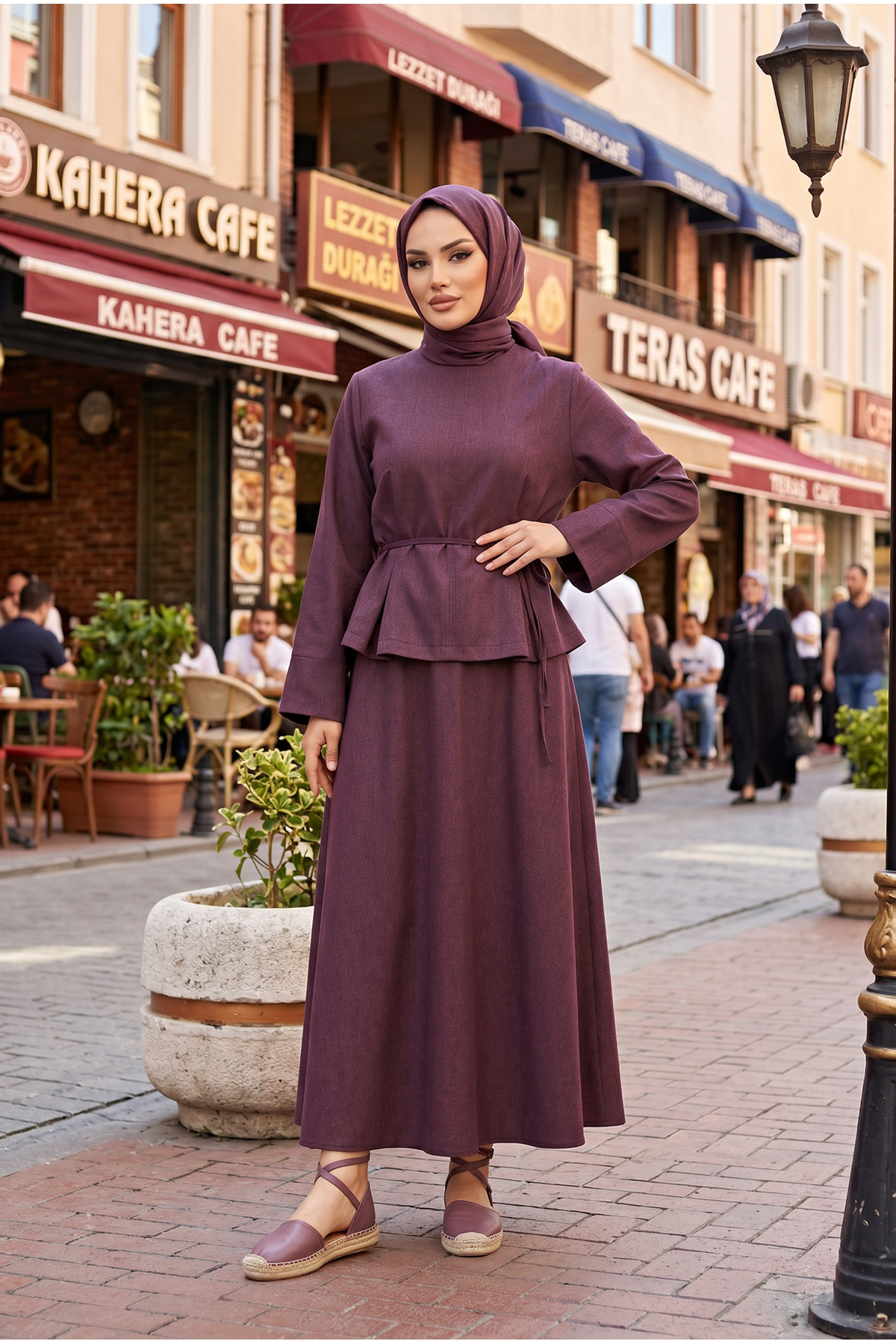 Kadın Bordo Tesettür Takım Kuşaklı İkili Takım Uzun Etekli Şık Kombin Günlük Özel Gün İkili Takımı