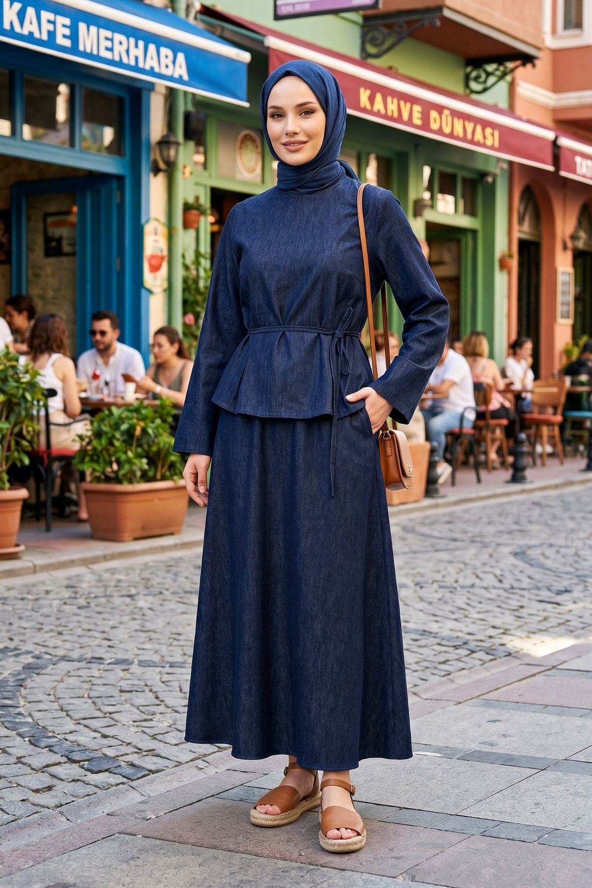 Kadın Lacivert Tesettür Takım Kuşaklı İkili Takım Uzun Etekli Şık Kombin Günlük Özel Gün İkili Takımı