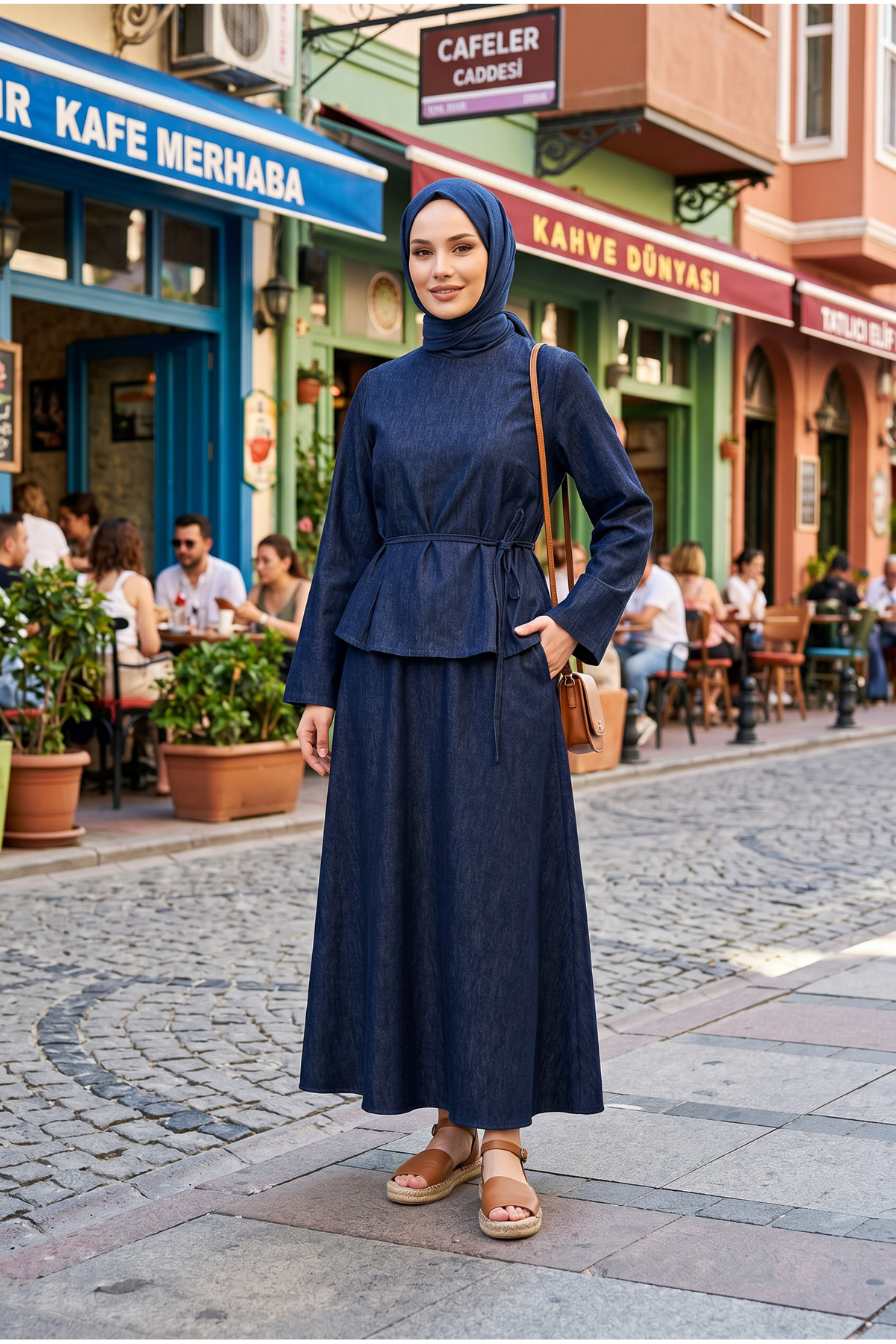 Kadın Lacivert Tesettür Takım Kuşaklı İkili Takım Uzun Etekli Şık Kombin Günlük Özel Gün İkili Takımı